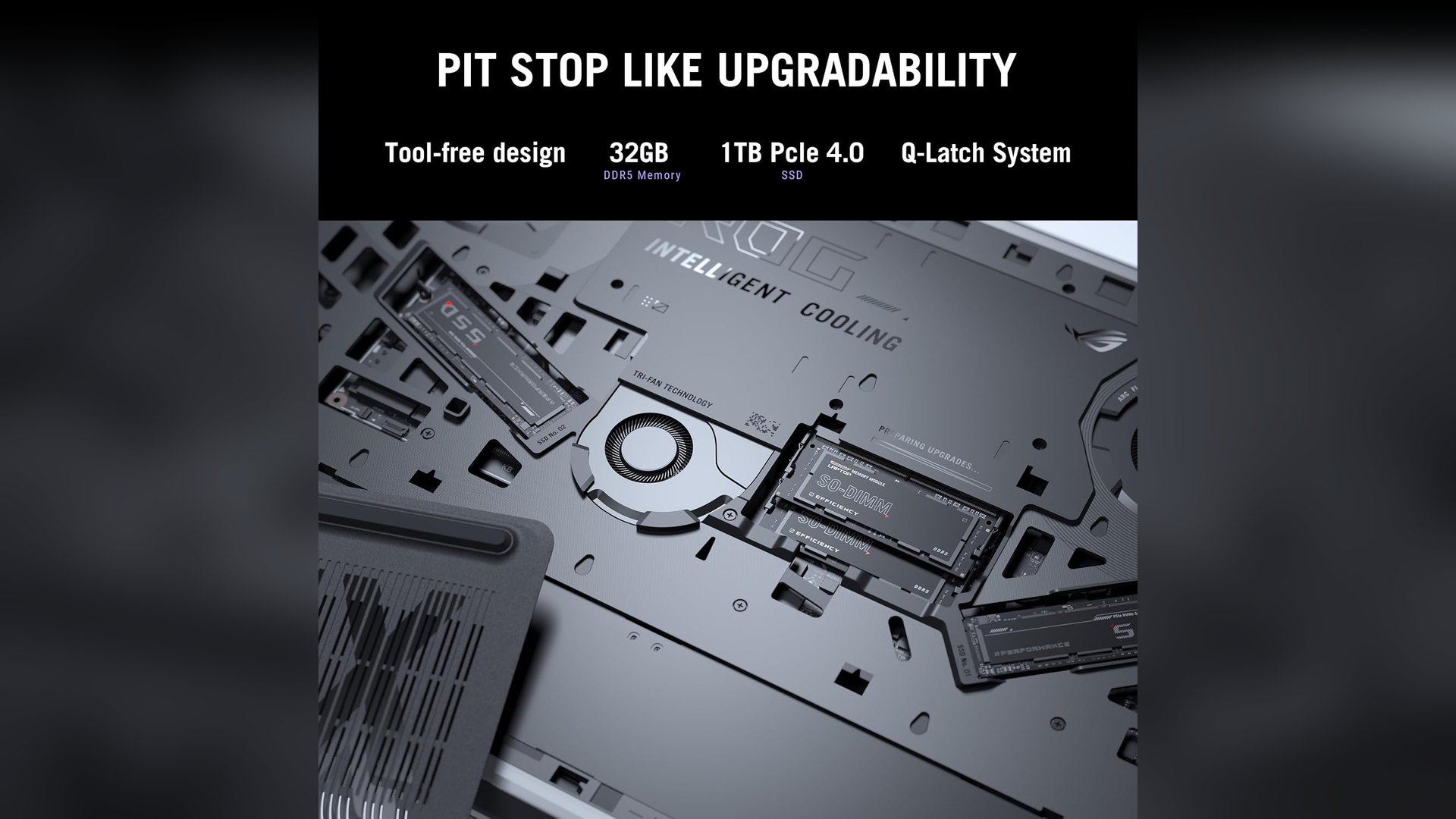 ROG Strix G16 with its bottom cover removed showing memory slots and cooling