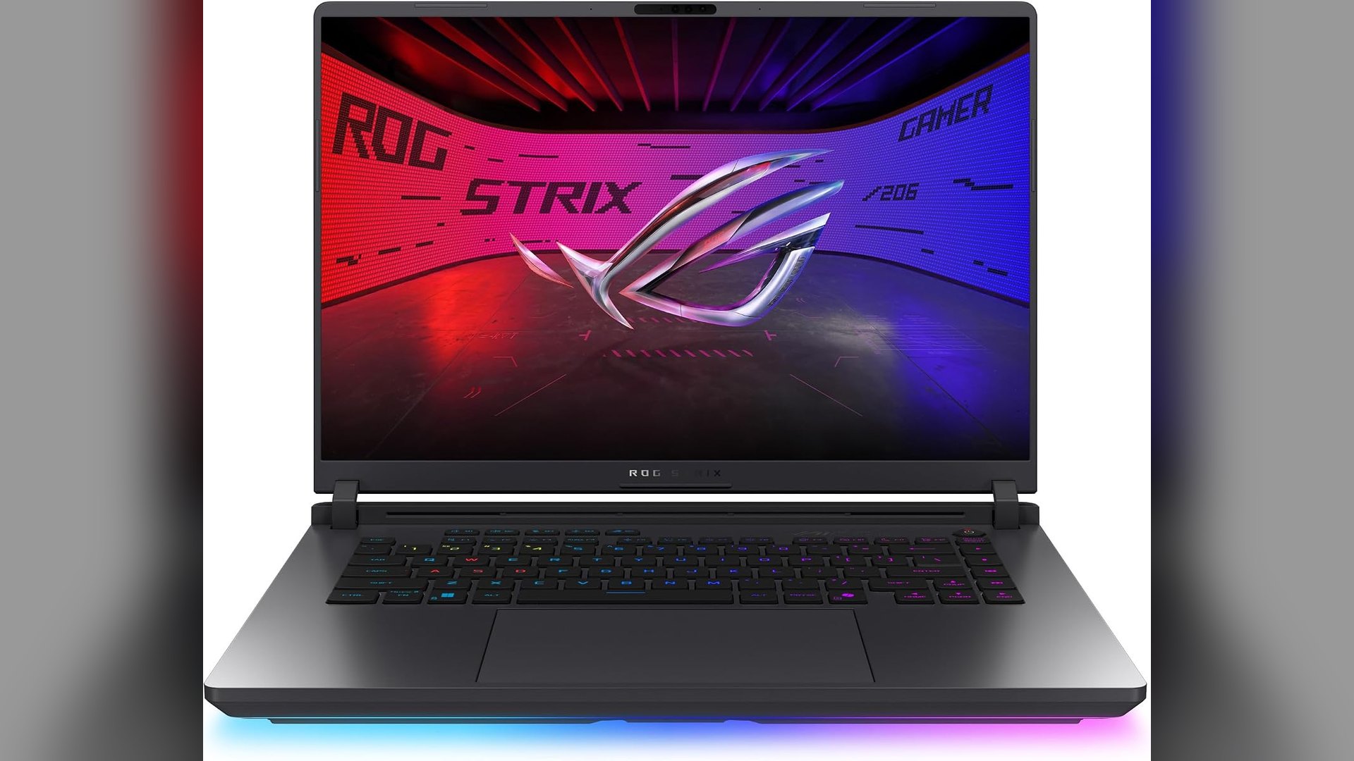 ASUS ROG Strix G16 gaming laptop open at an angle with its RGB keyboard and light bar lit