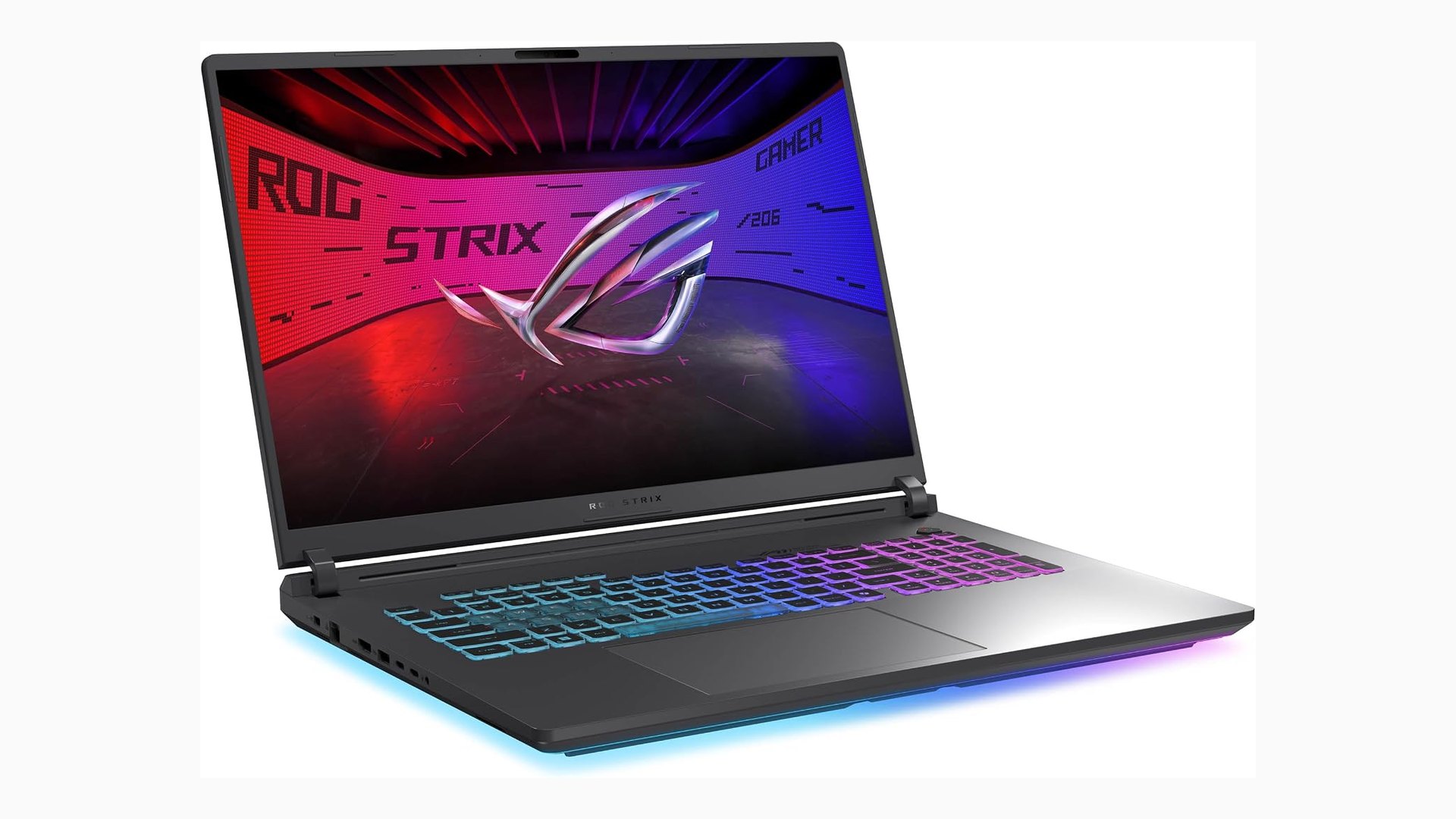 Three-quarter view of the ROG Strix G18 with its front light bar glowing