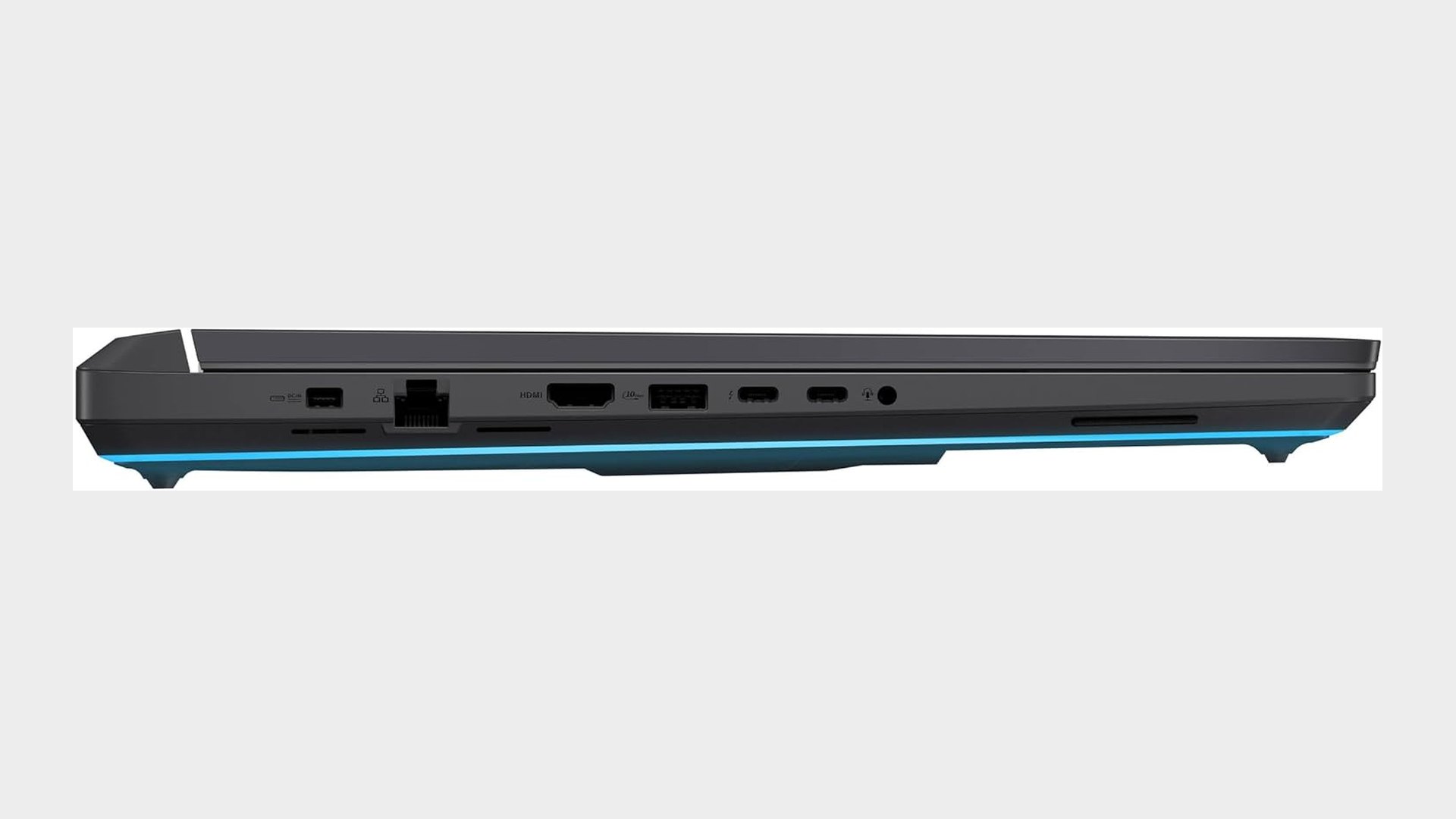Rear edge of the closed ROG Strix G18 showing its port cluster