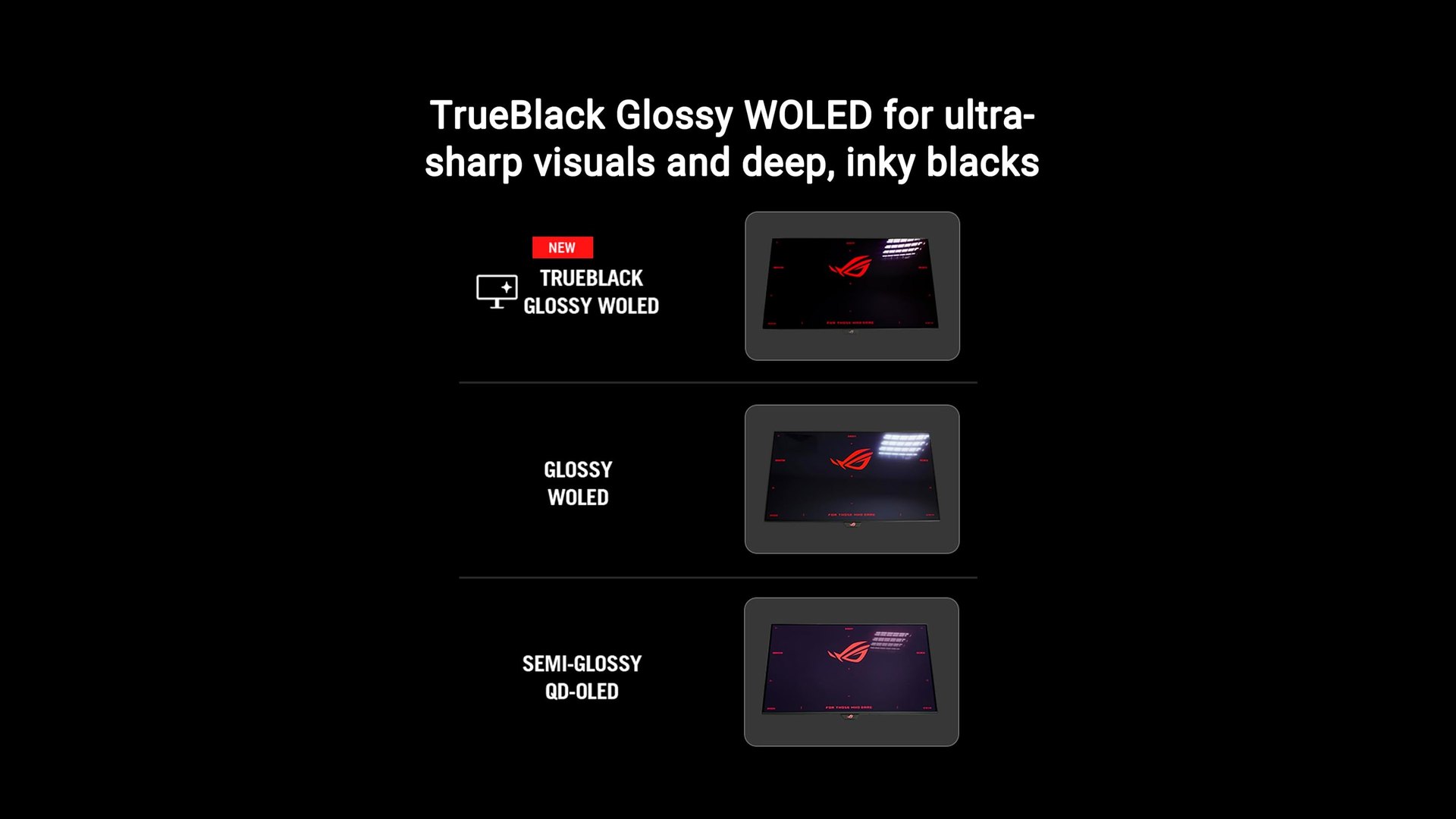 Three panel surfaces compared, each showing the same ROG logo on a black screen