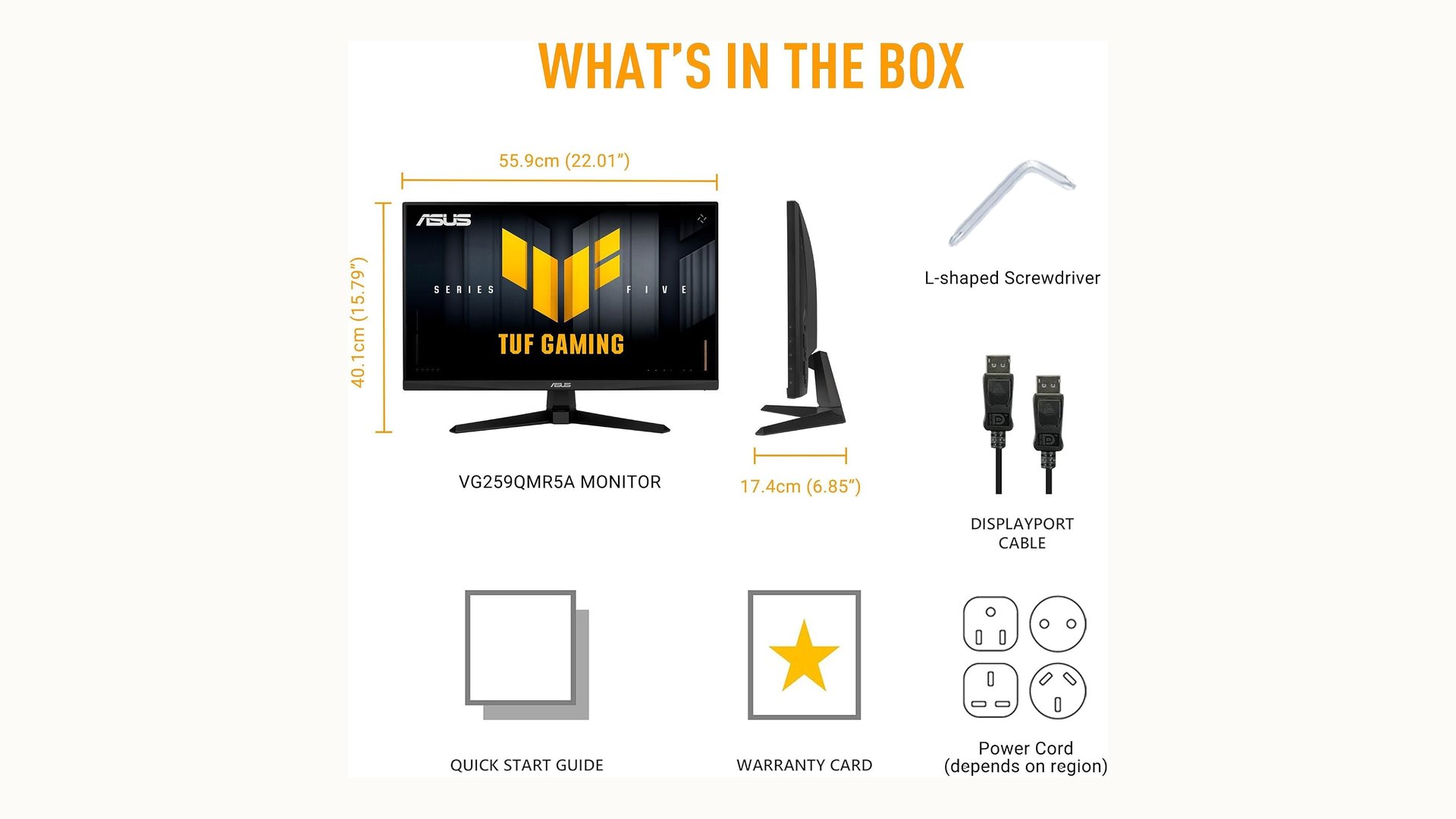 ASUS box contents diagram showing the monitor from the front and side with the bundled cable and accessories