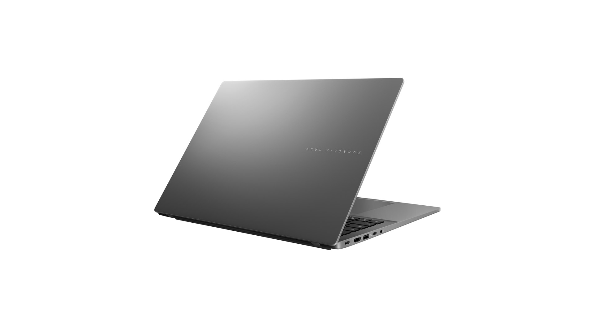 Rear three quarter view of a closed ASUS Vivobook S16 in Matte Gray