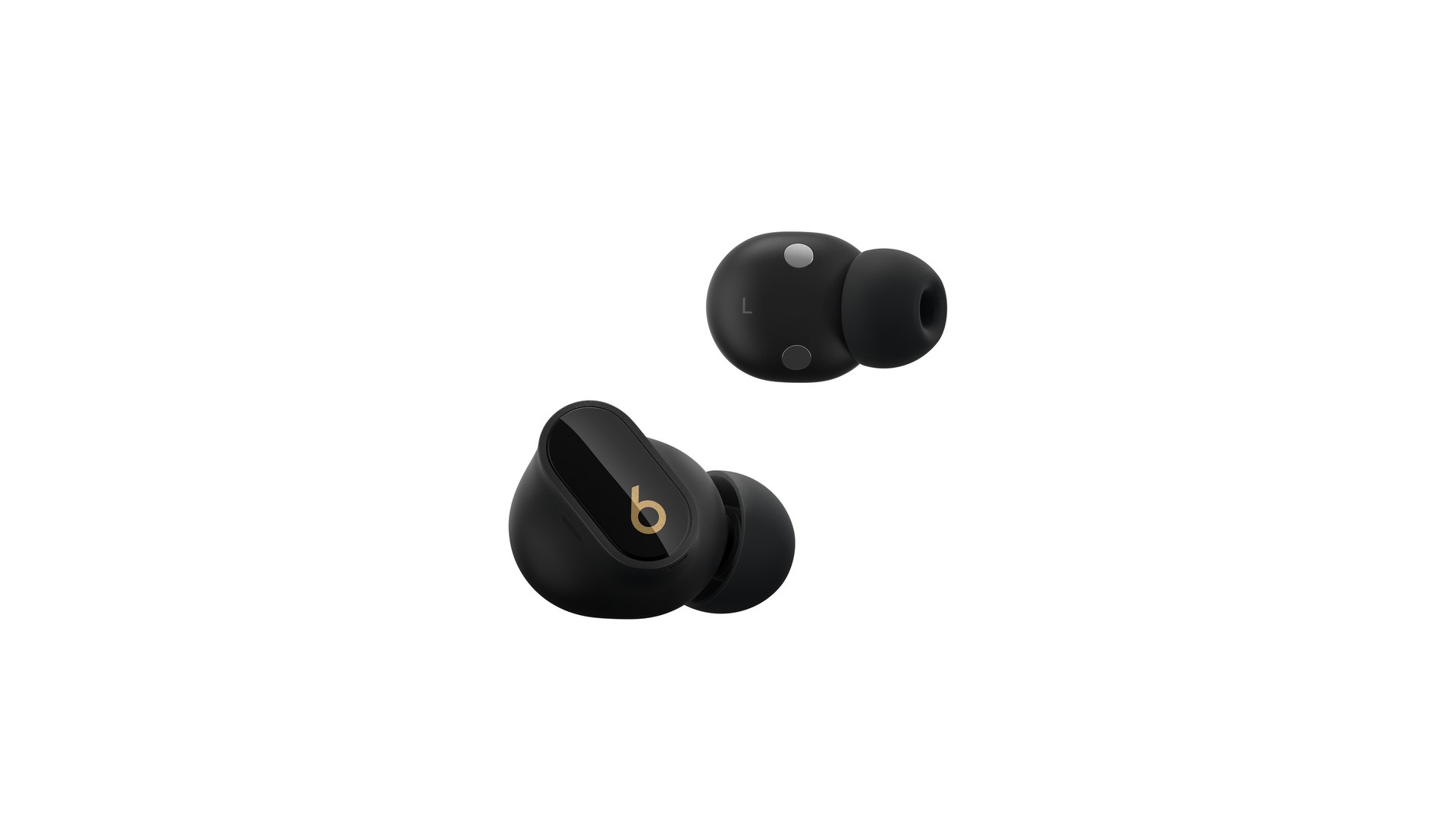 Two black Beats Studio Buds + earbuds on a white background