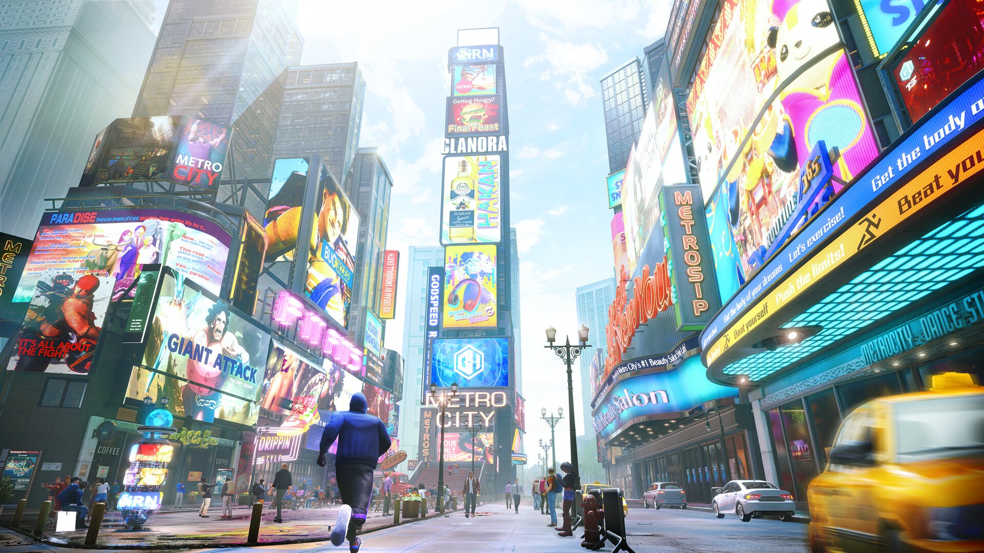 Street Fighter 6 character running through the neon Metro City street hub