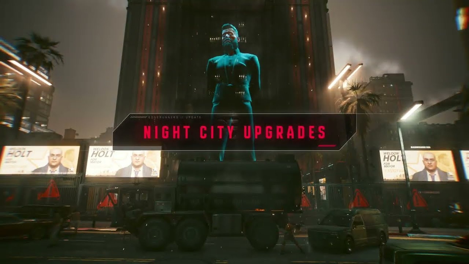 Neon-lit Night City street at night with traffic and billboards