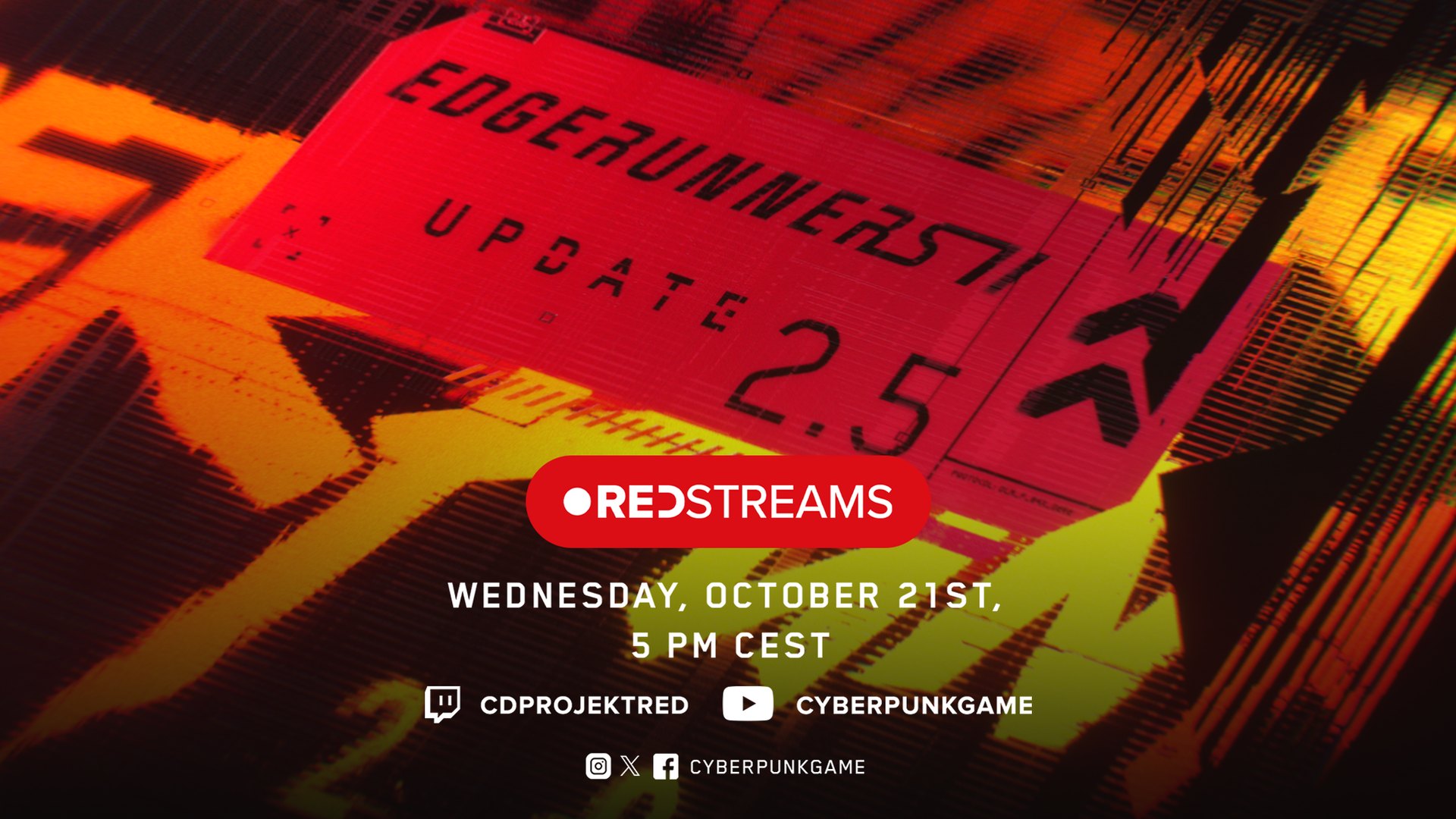 Red and yellow Edgerunners II Update 2.5 card with the REDstreams date and time