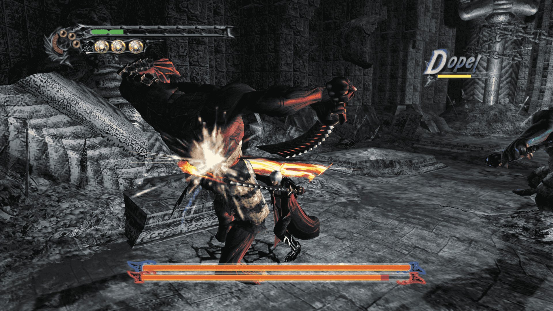 Dante attacking an enemy with the Dope style rank showing on screen