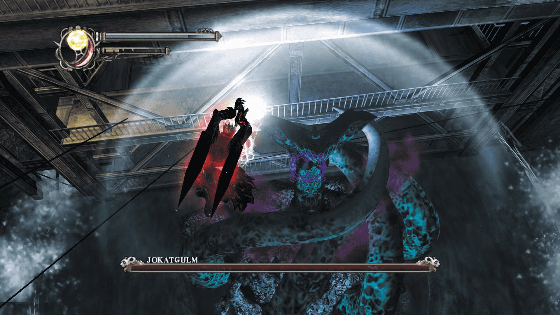 Dante facing the boss Jokatgulm with a boss health bar on screen