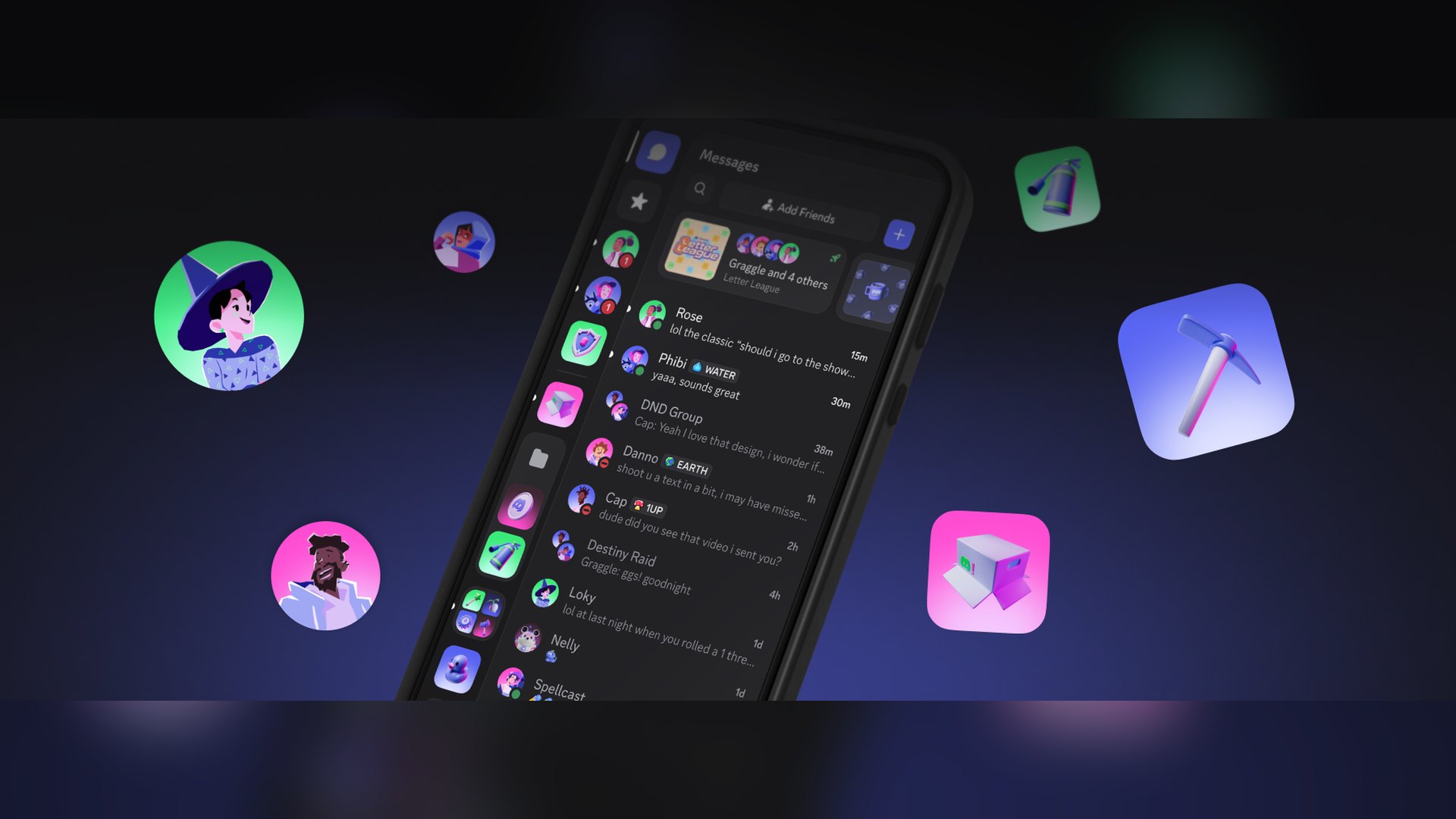 Discord client on a phone surrounded by floating game application icons
