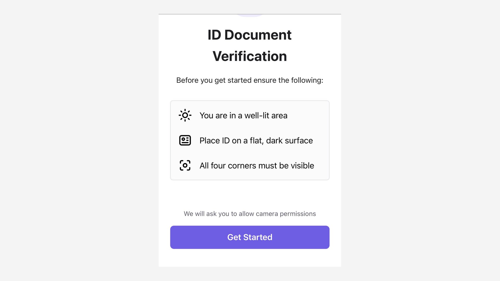 Discord ID Document Verification screen listing lighting and placement instructions above a Get Started button