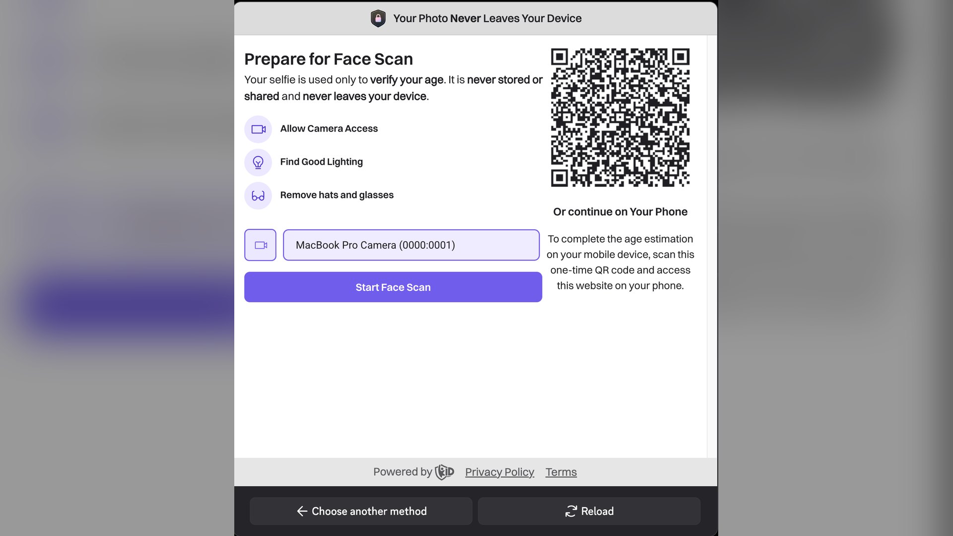 Discord Prepare for Face Scan screen with camera setup steps and a QR code for continuing on a phone
