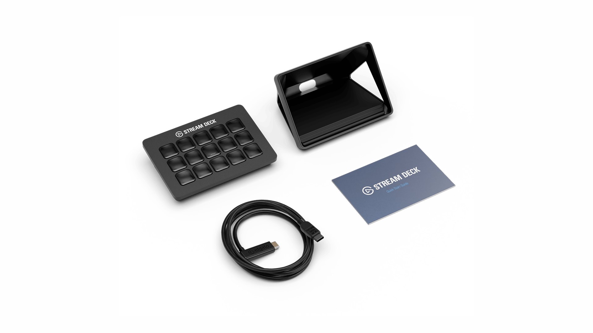 Stream Deck MK.2, magnetic stand, USB-C cable and quick start guide laid out
