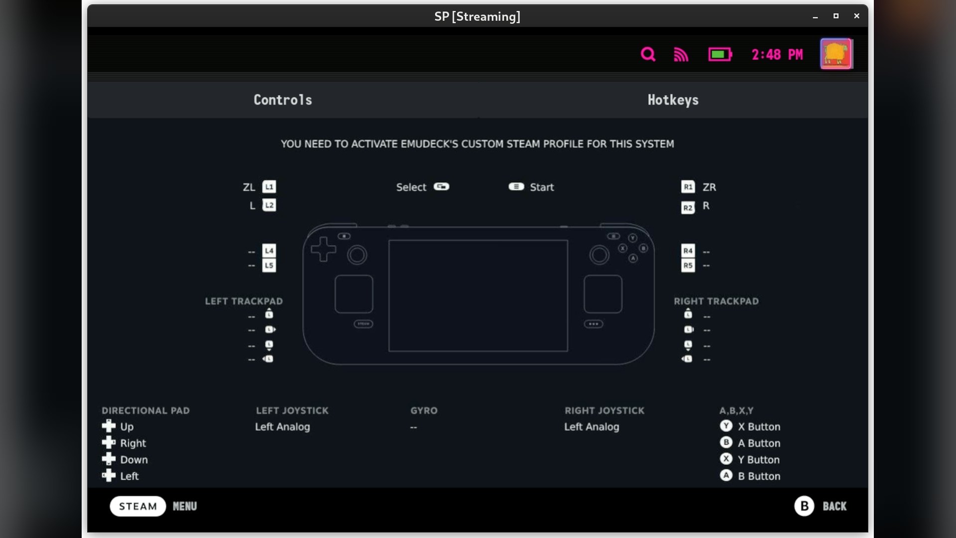 Overlay listing EmuDeck control and hotkey assignments over a handheld controller diagram