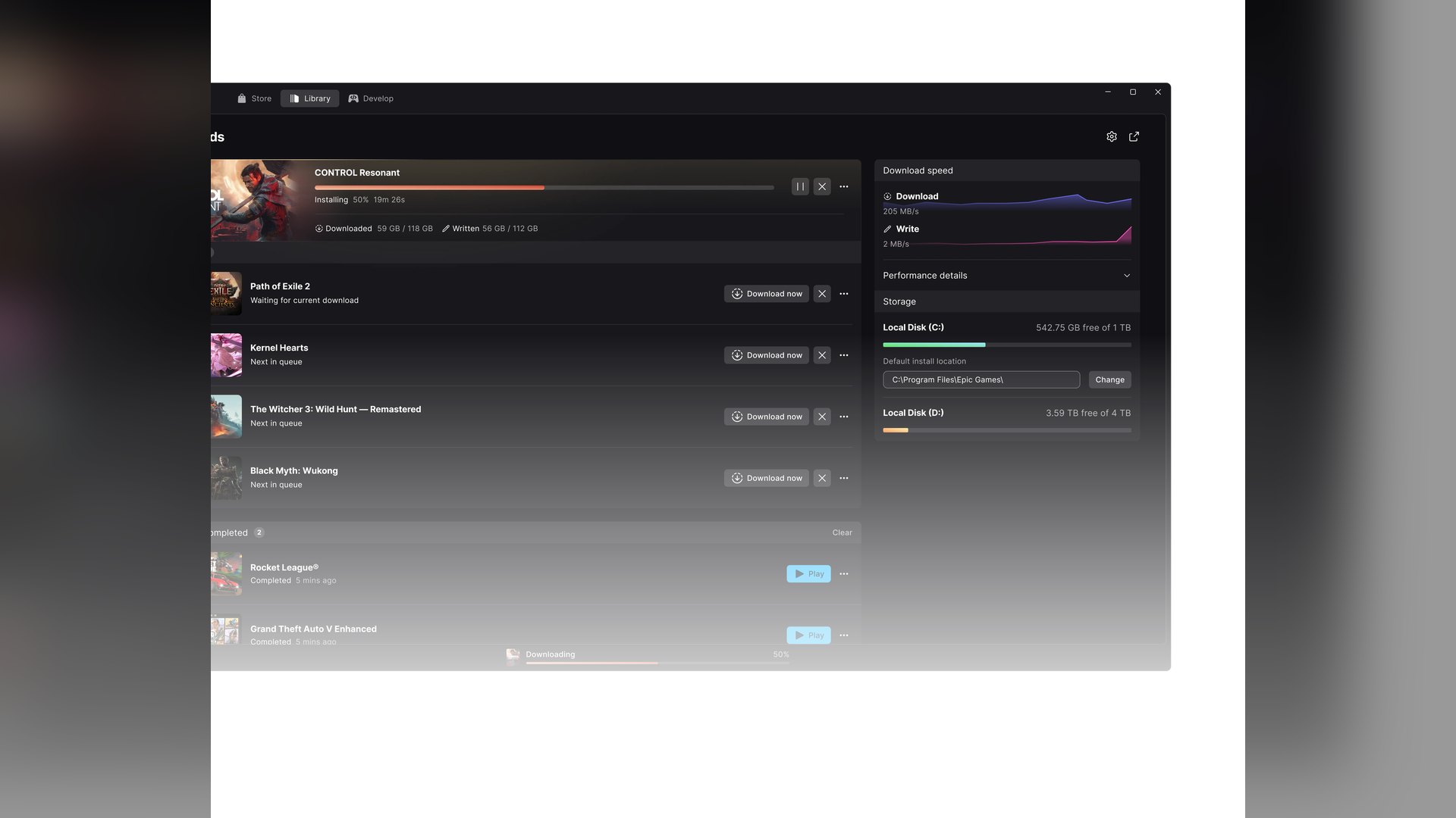 Download manager screen listing active downloads with speed graphs