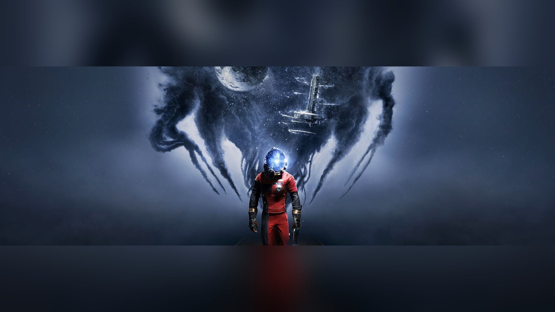 Prey key art showing a figure in a red spacesuit before a dark alien shape