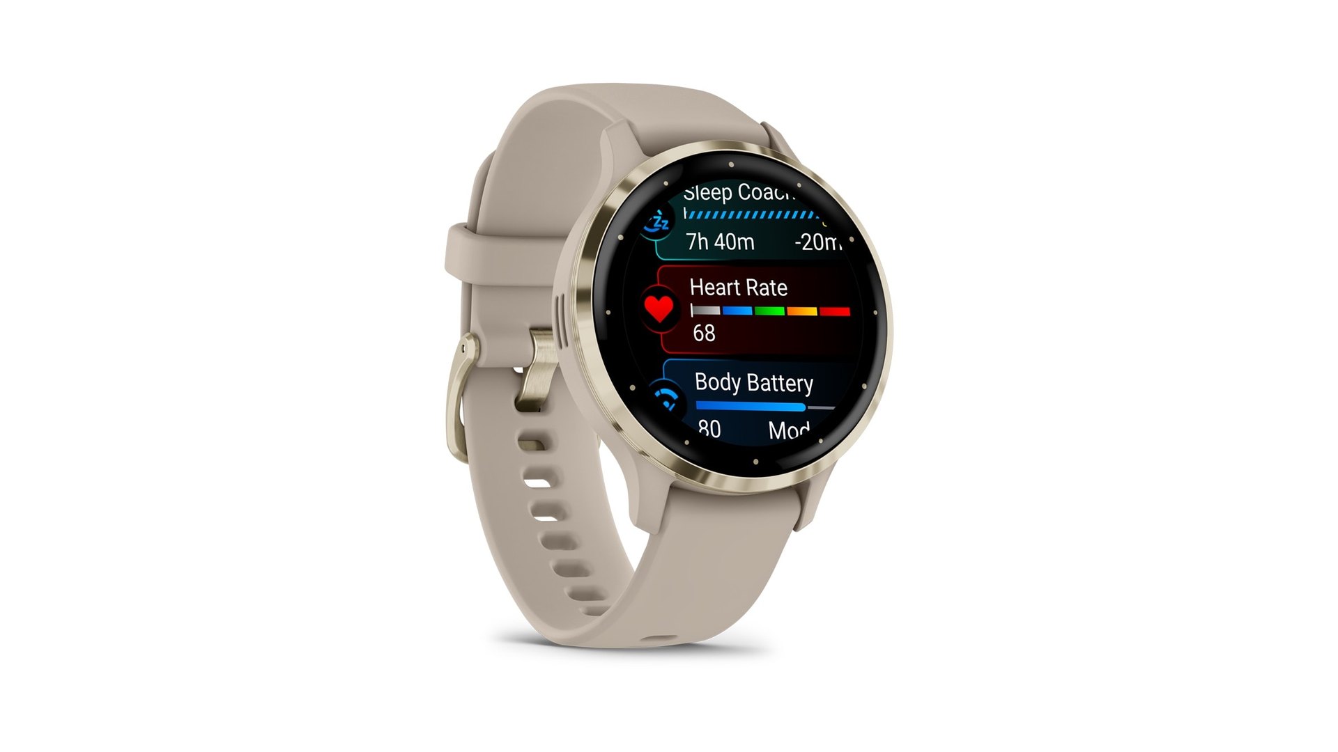 Angled Venu 3S showing sleep, heart rate and Body Battery readings