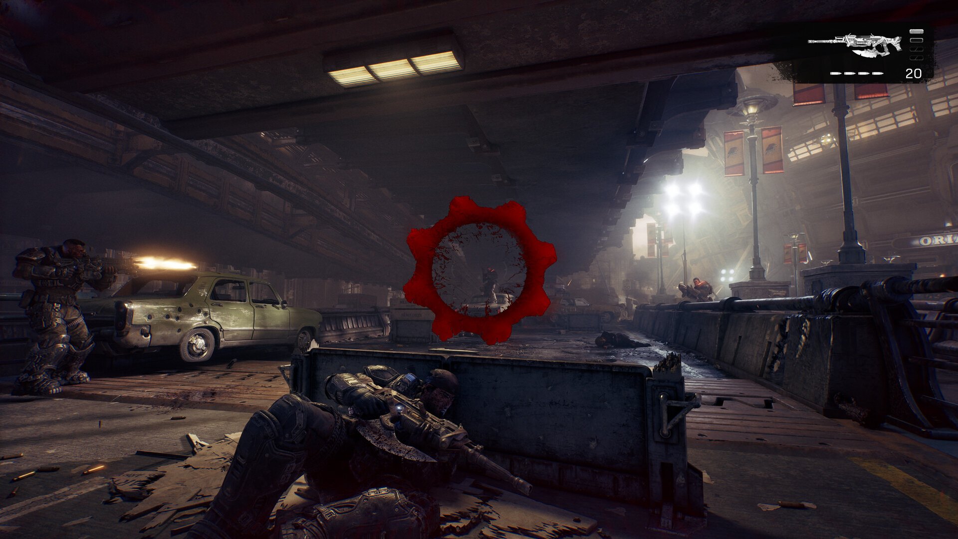 A soldier taking cover behind a metal container on a dark street in Gears of War: E-Day