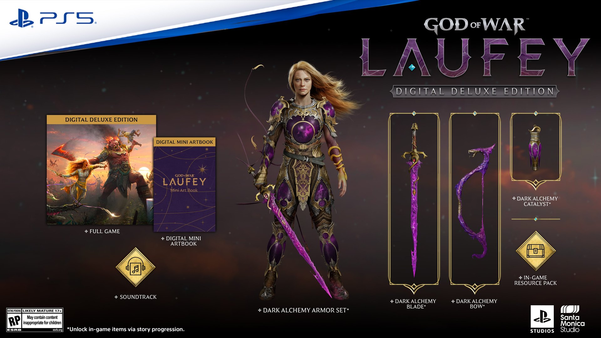 Graphic listing the Digital Deluxe Edition items including the Dark Alchemy armor, blade, bow and catalyst