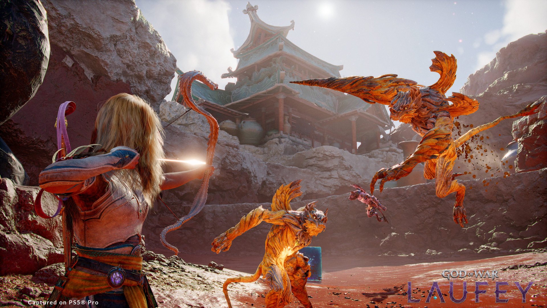 Faye aiming a bow at a flaming bird creature outside a temple