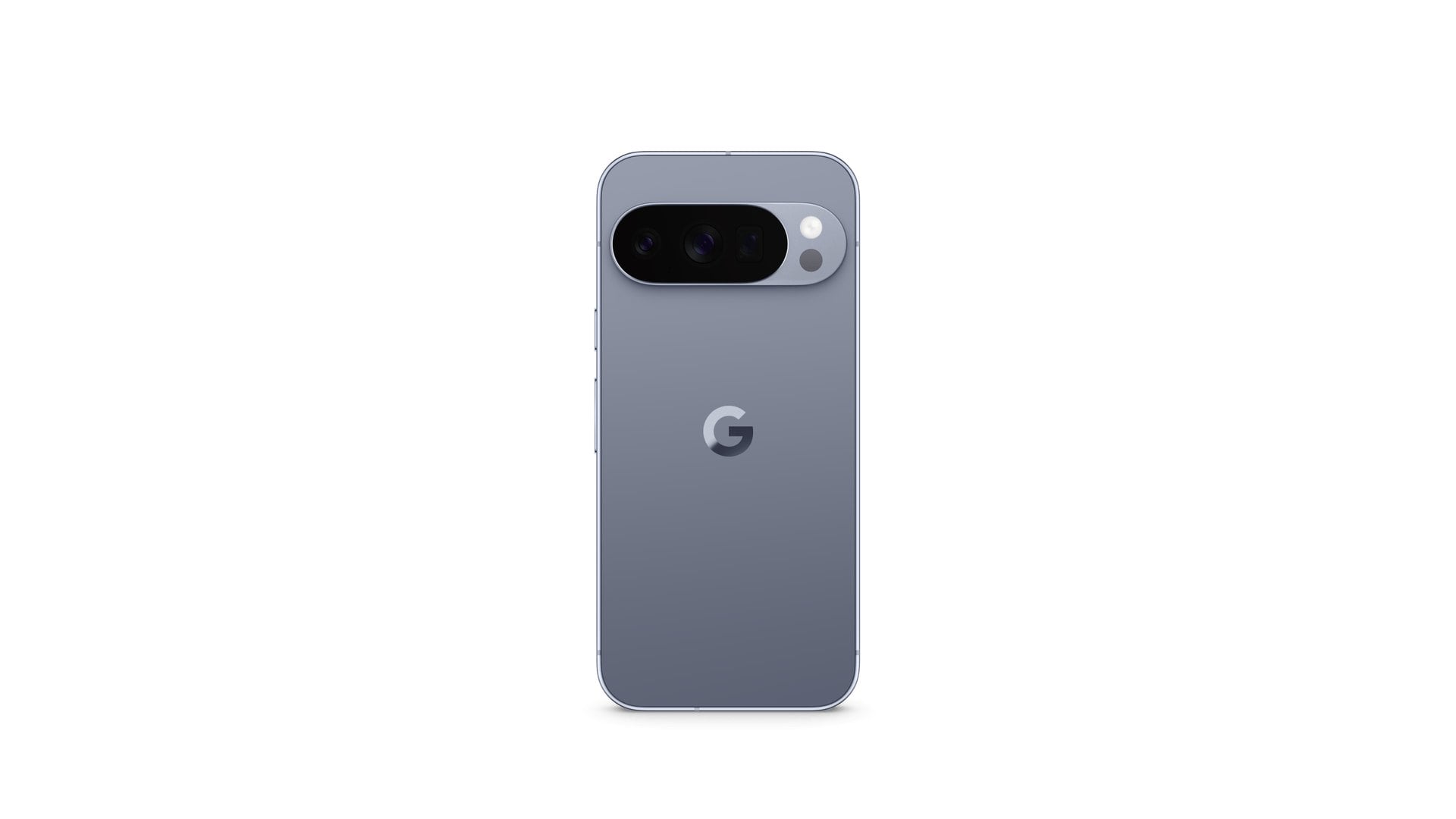 Rear of a Google Pixel 10 Pro in the pale blue-grey Moonstone finish