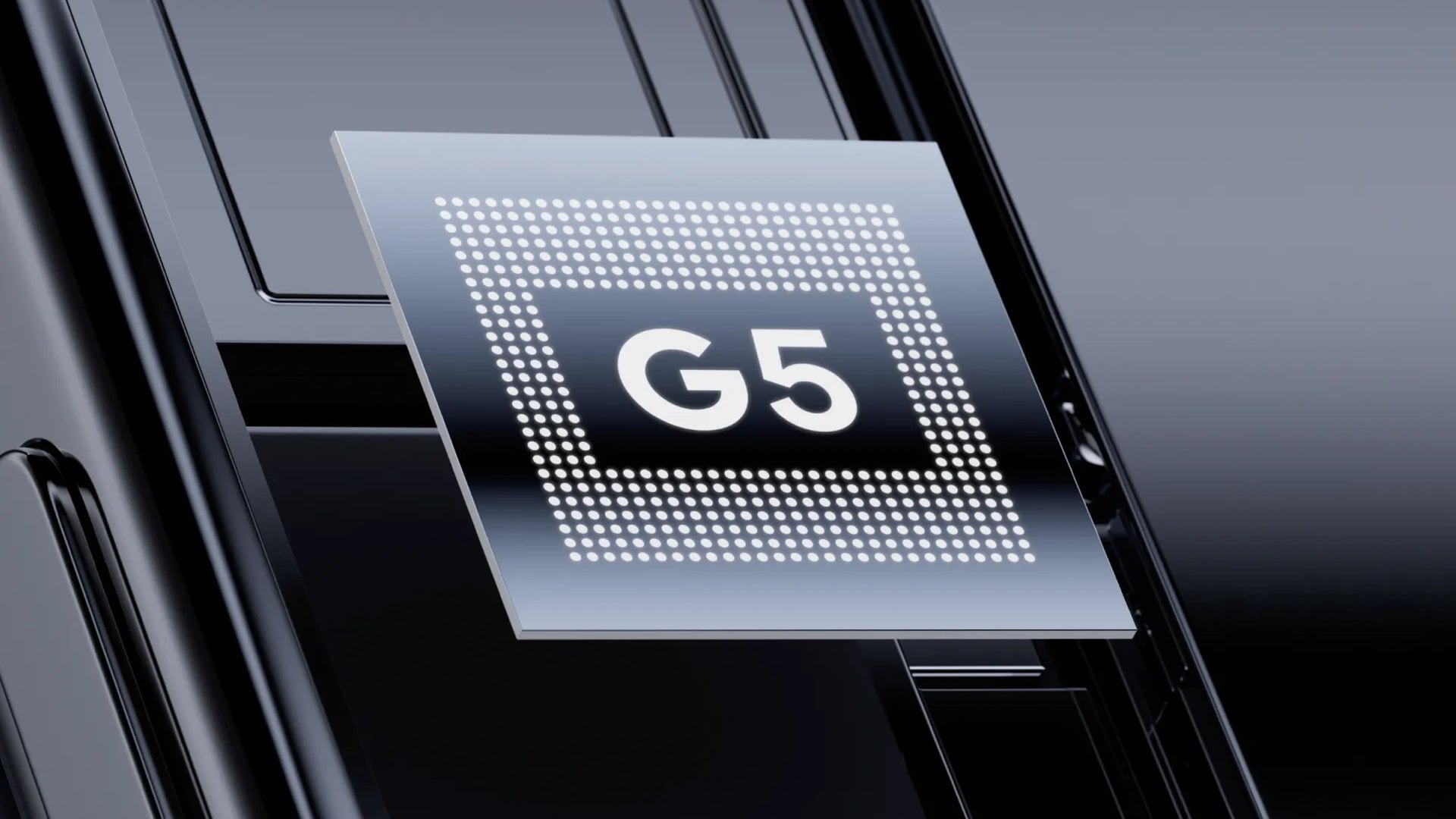 Close-up of a Google Tensor G5 chip marked G5
