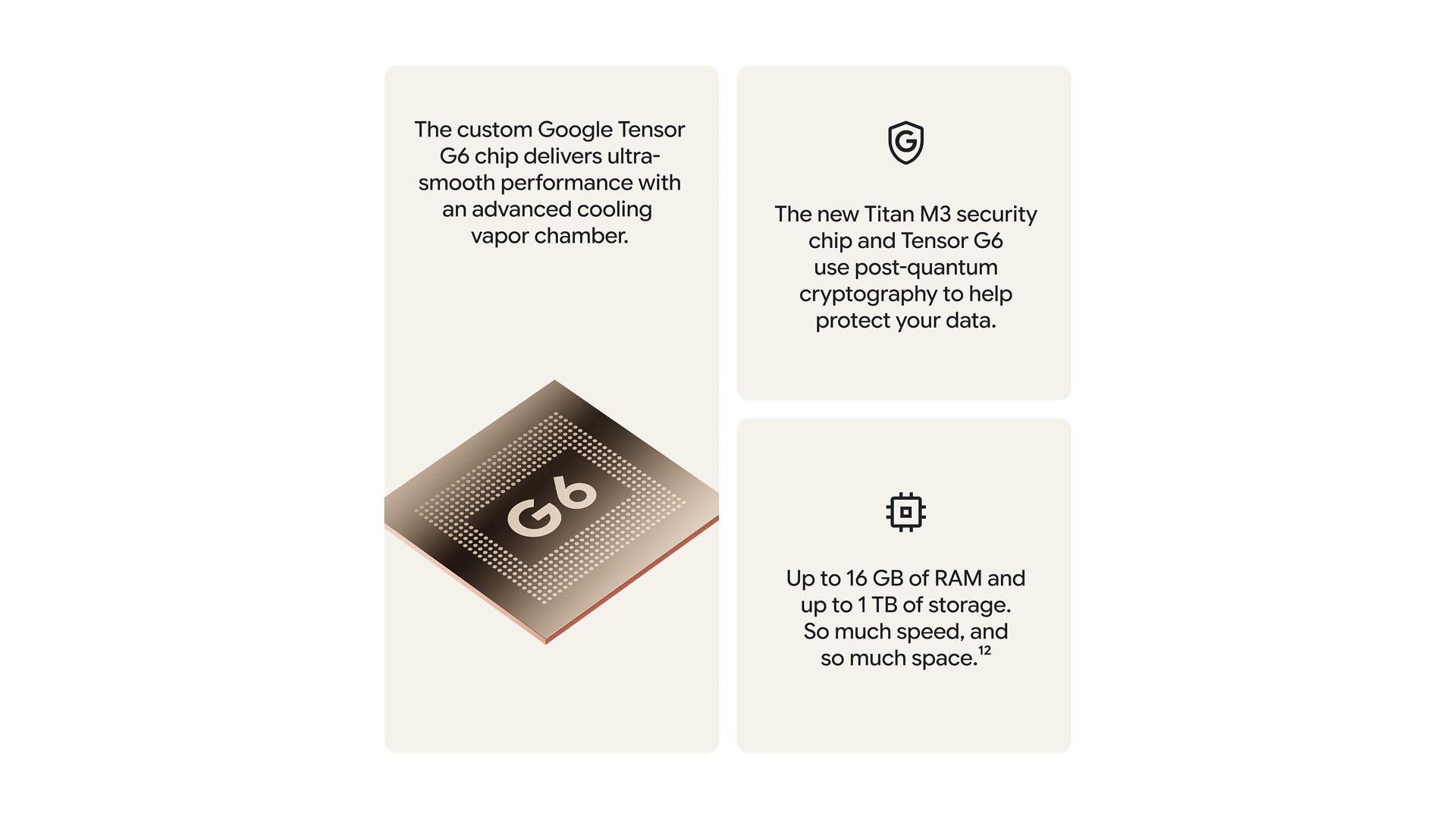 Graphic showing a Tensor G6 chip render next to panels about Titan M3 security and memory