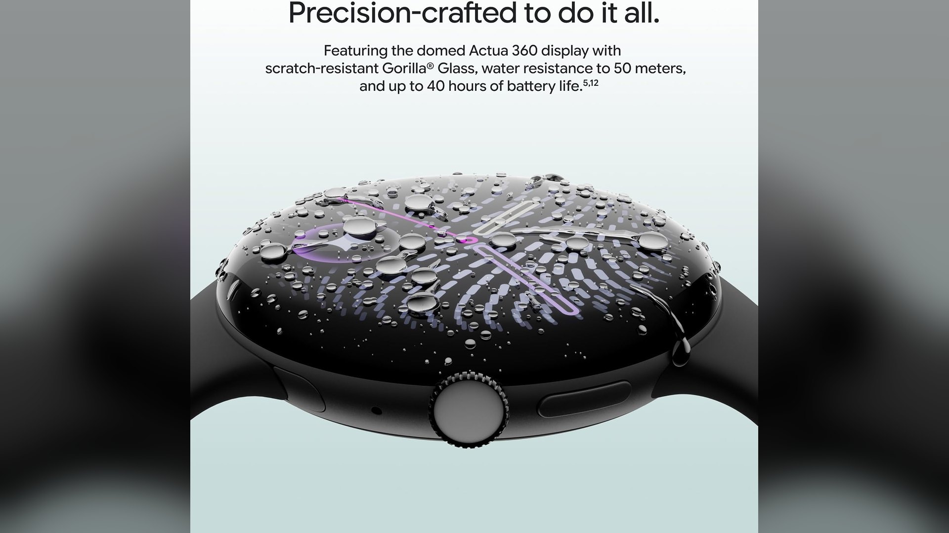 Side view of the Pixel Watch 5 covered in water droplets