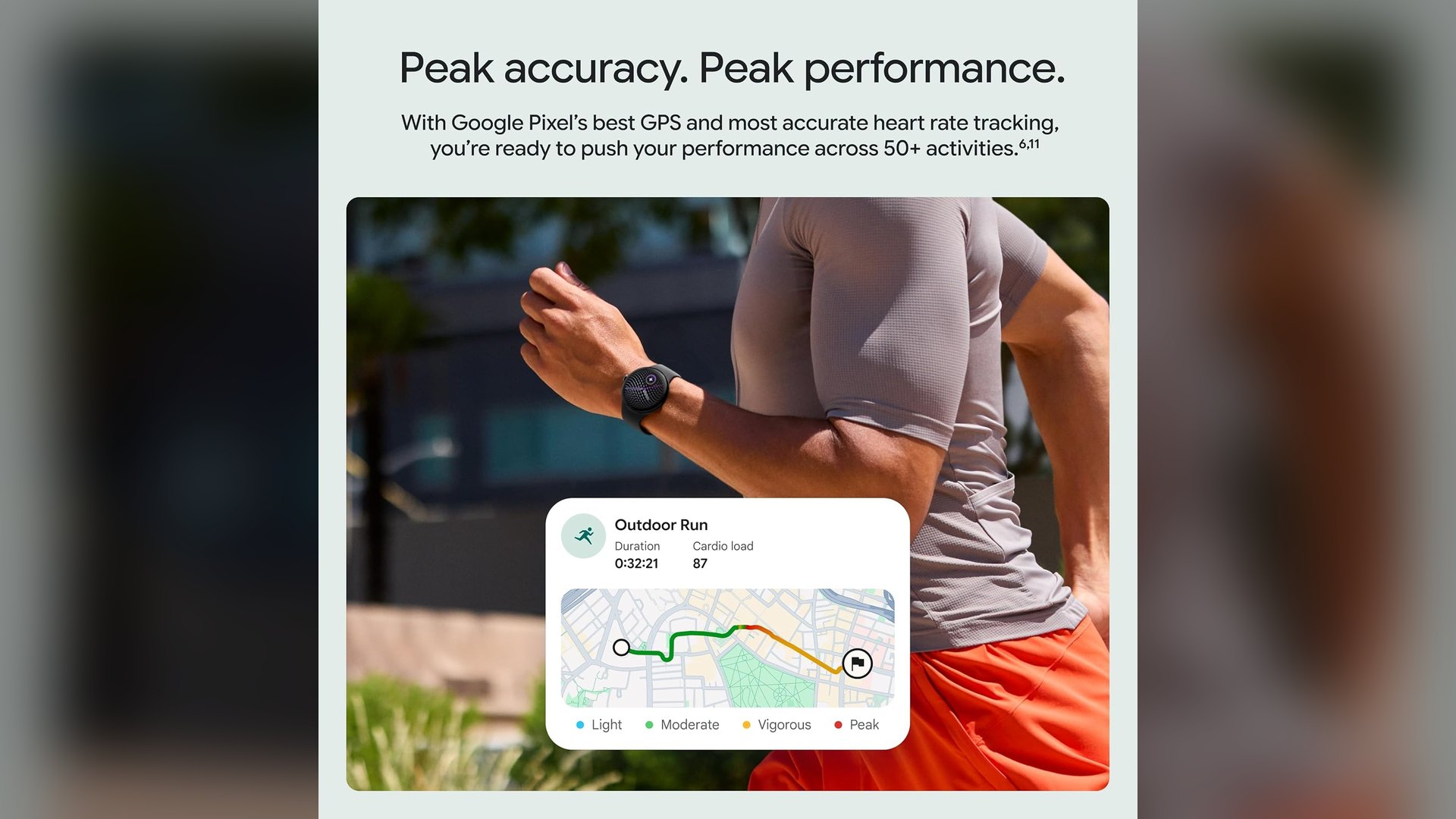 Runner wearing a Pixel Watch 5 with run tracking data shown next to it