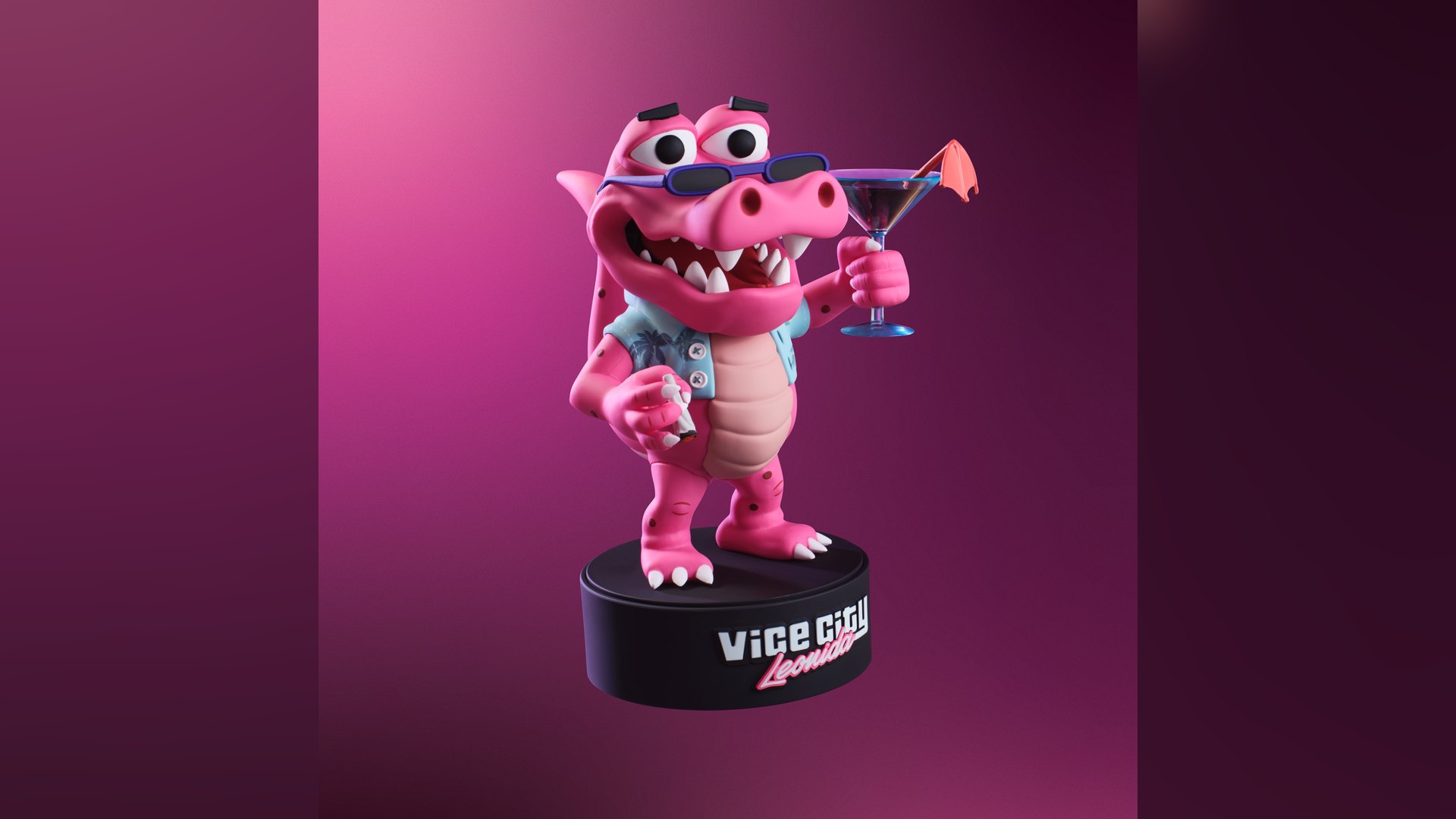 Pink cartoon alligator figure holding a cocktail glass on a round base