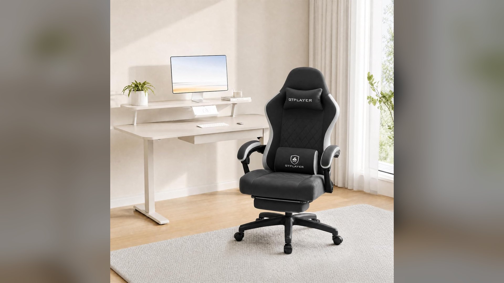 Black GTPLAYER Footrest Series LR002 gaming chair beside a white home desk