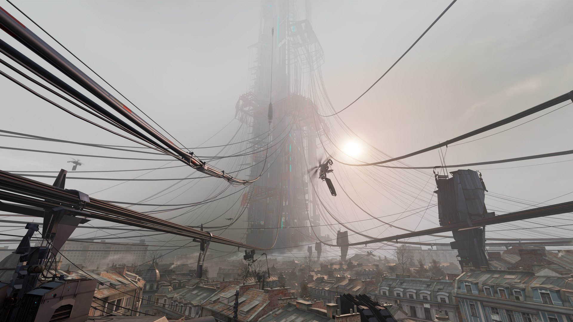 Half-Life: Alyx screenshot of City 17 rooftops with the Citadel in the distance