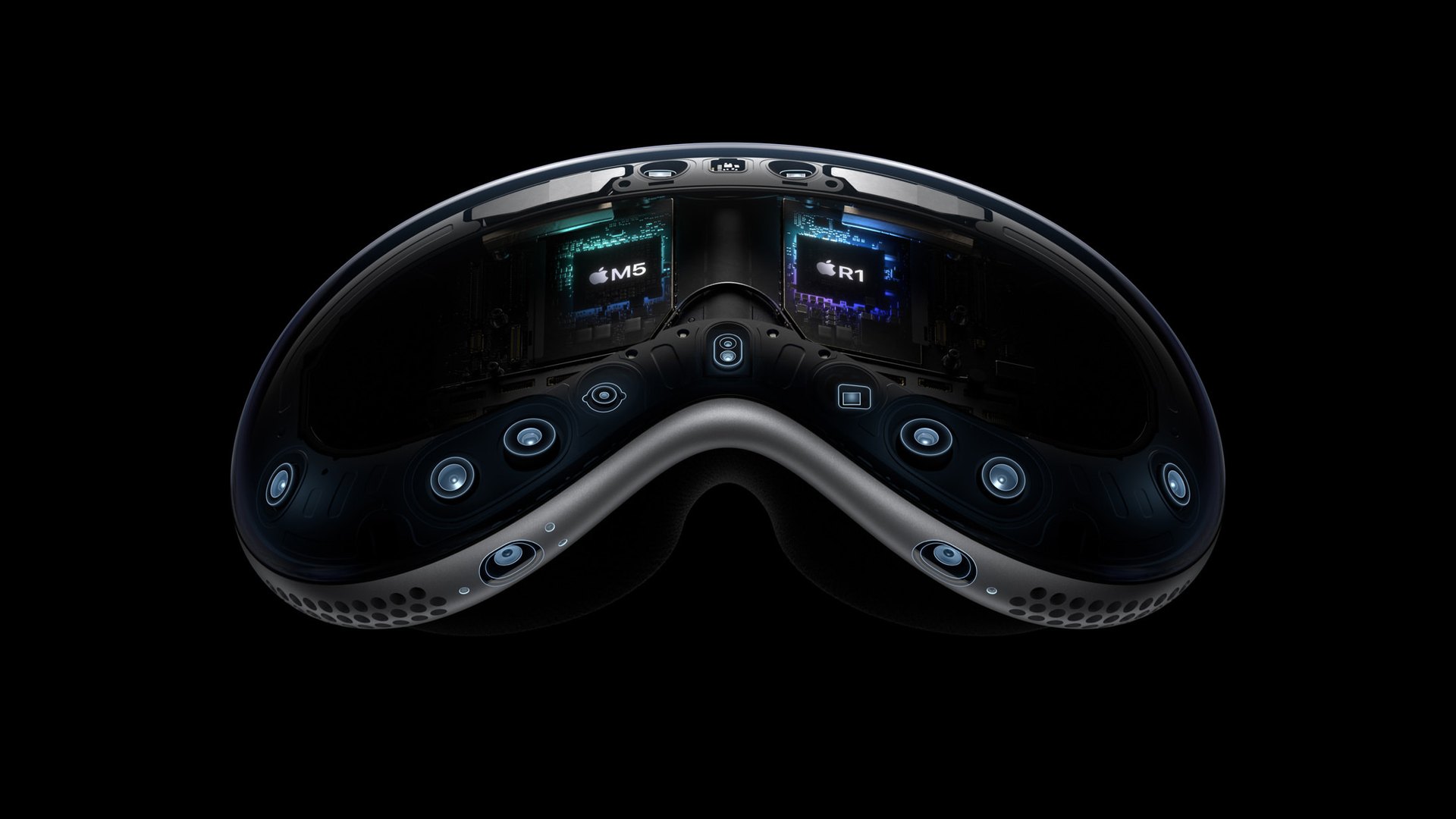 Cutaway render of an Apple Vision Pro showing the M5 and R1 chips