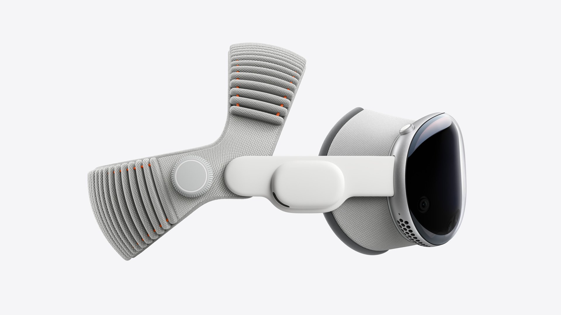 Apple Vision Pro headset shown in profile with the Dual Knit Band attached