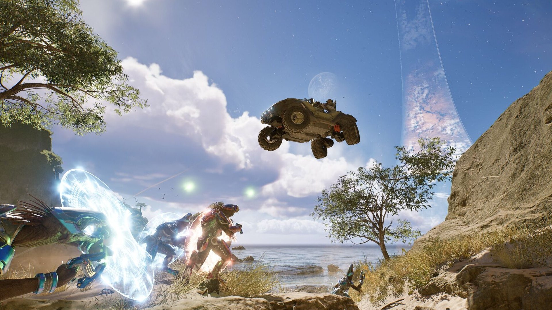 A Warthog flying through the air above a canyon with a ring arching across the sky