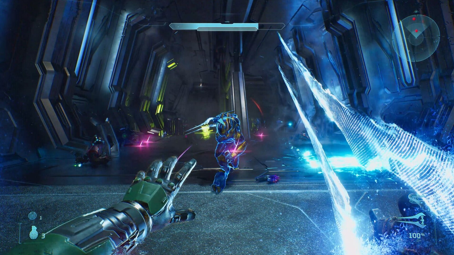 First-person view of a glowing blue Energy Sword in a Covenant interior