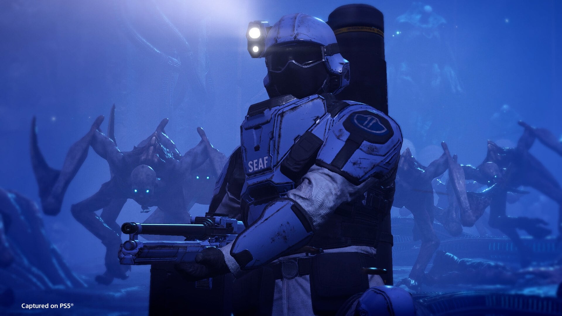 A SEAF soldier with a shoulder lamp holds position as enemies close in through fog