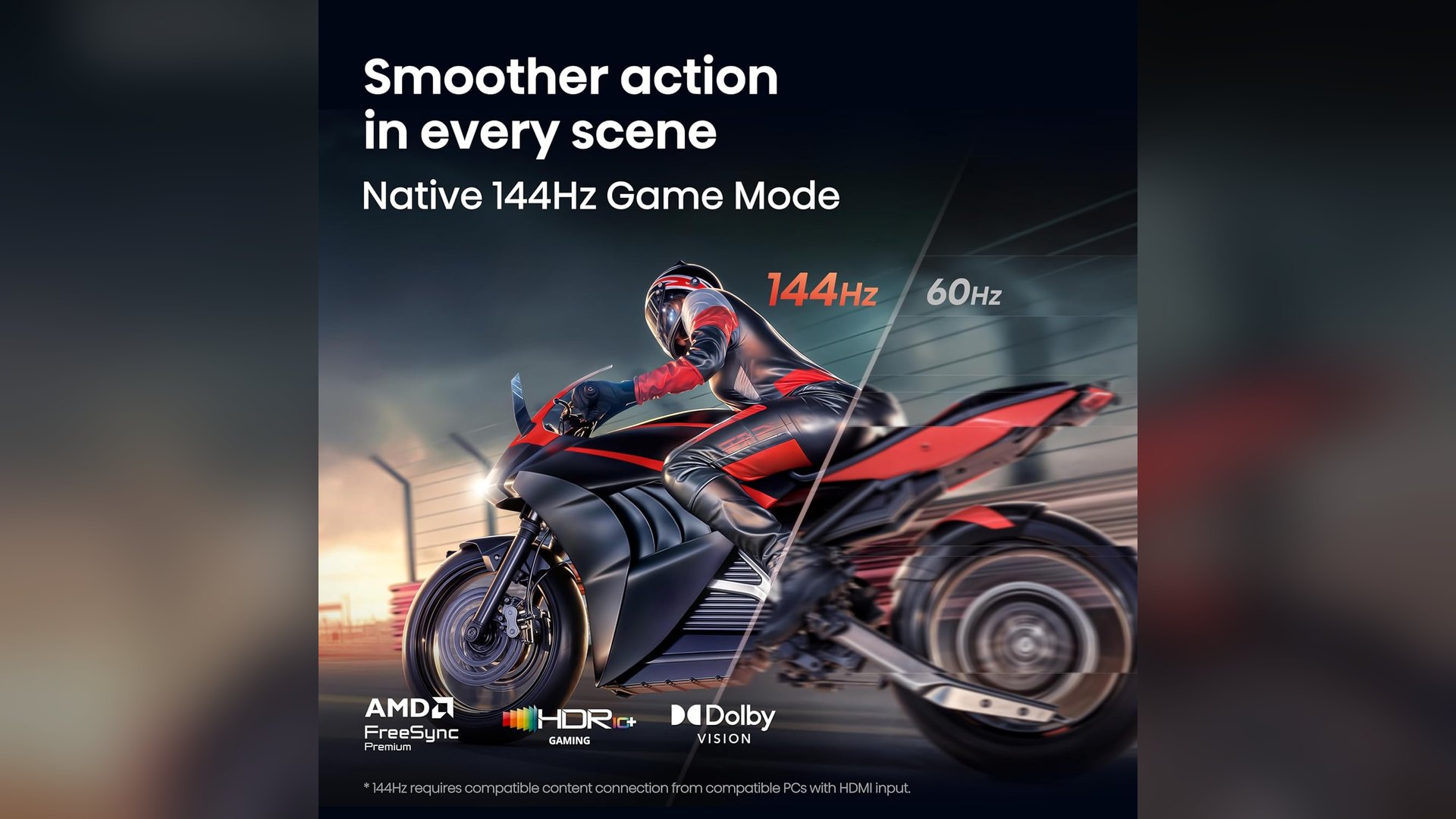 Split motorcycle graphic comparing a sharp 144Hz half with a blurred 60Hz half