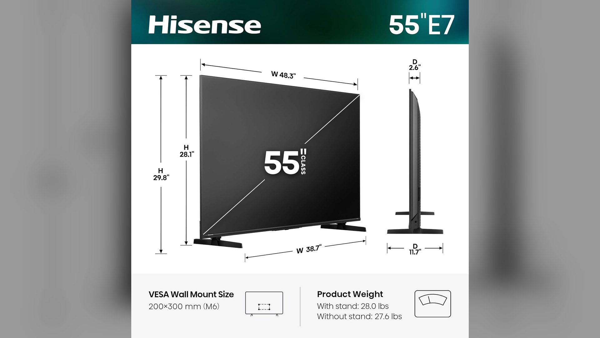Line drawing of the 55-inch Hisense E7SF with width, height and weight measurements