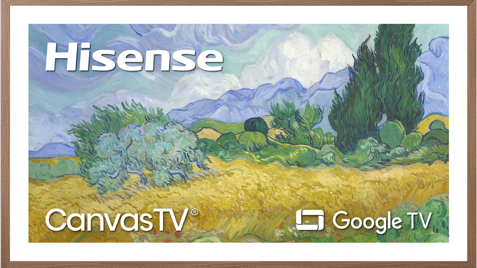 Hisense S7 CanvasTV in a teak frame displaying a painting