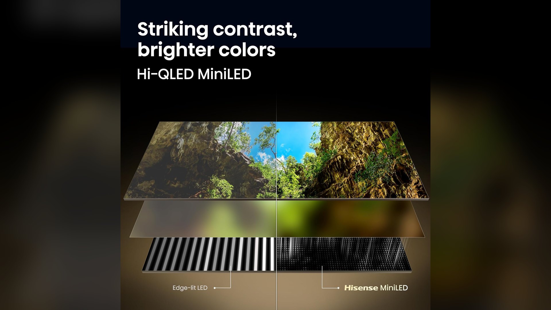 Split graphic comparing an edge-lit LED backlight with a denser Hisense mini-LED array behind a forest scene