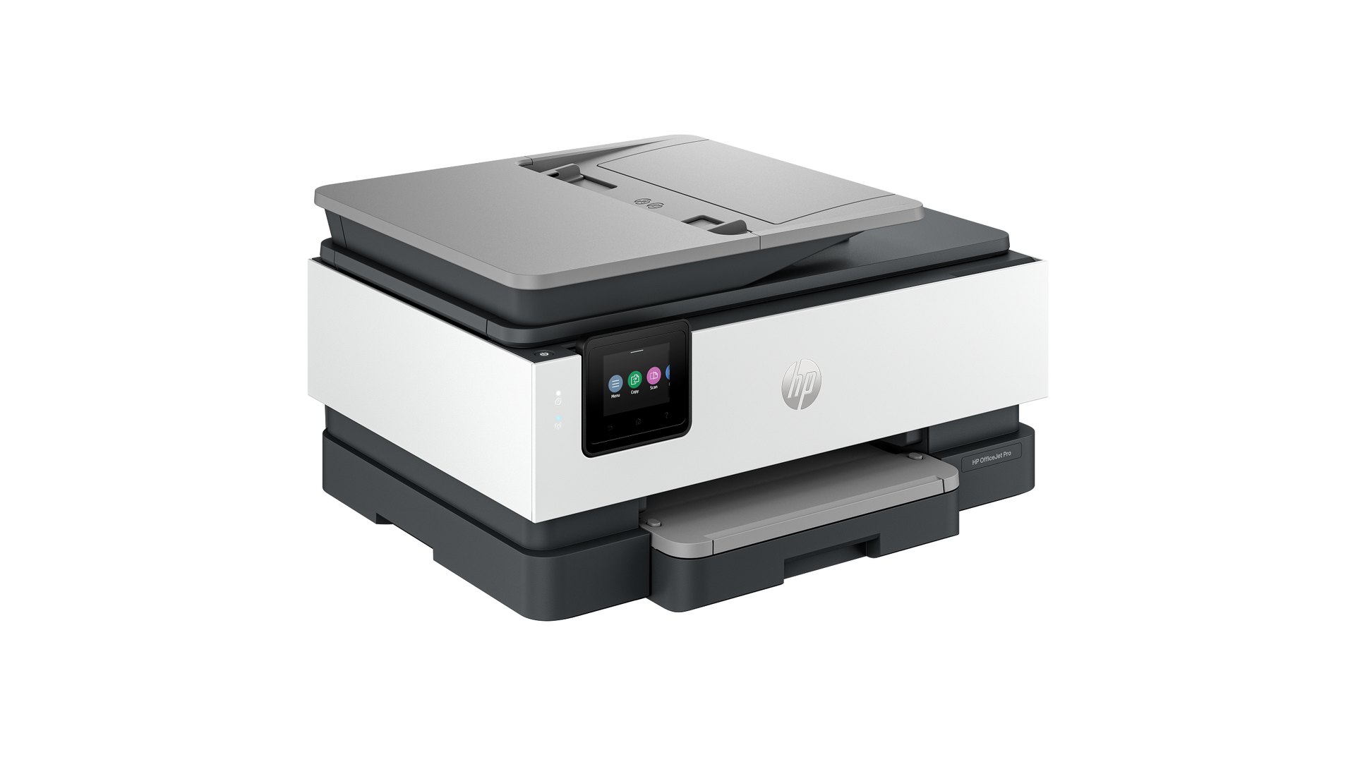 Top view of the HP OfficeJet Pro 8125 showing its colour touchscreen and document feeder