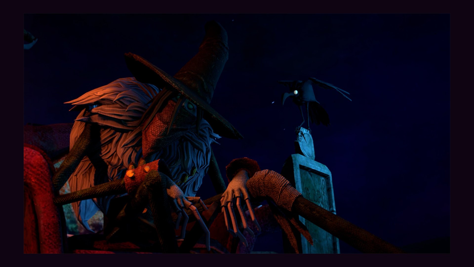 A stylized puppet-like figure beside a crow in a dark forest scene from Gloomy Eyes