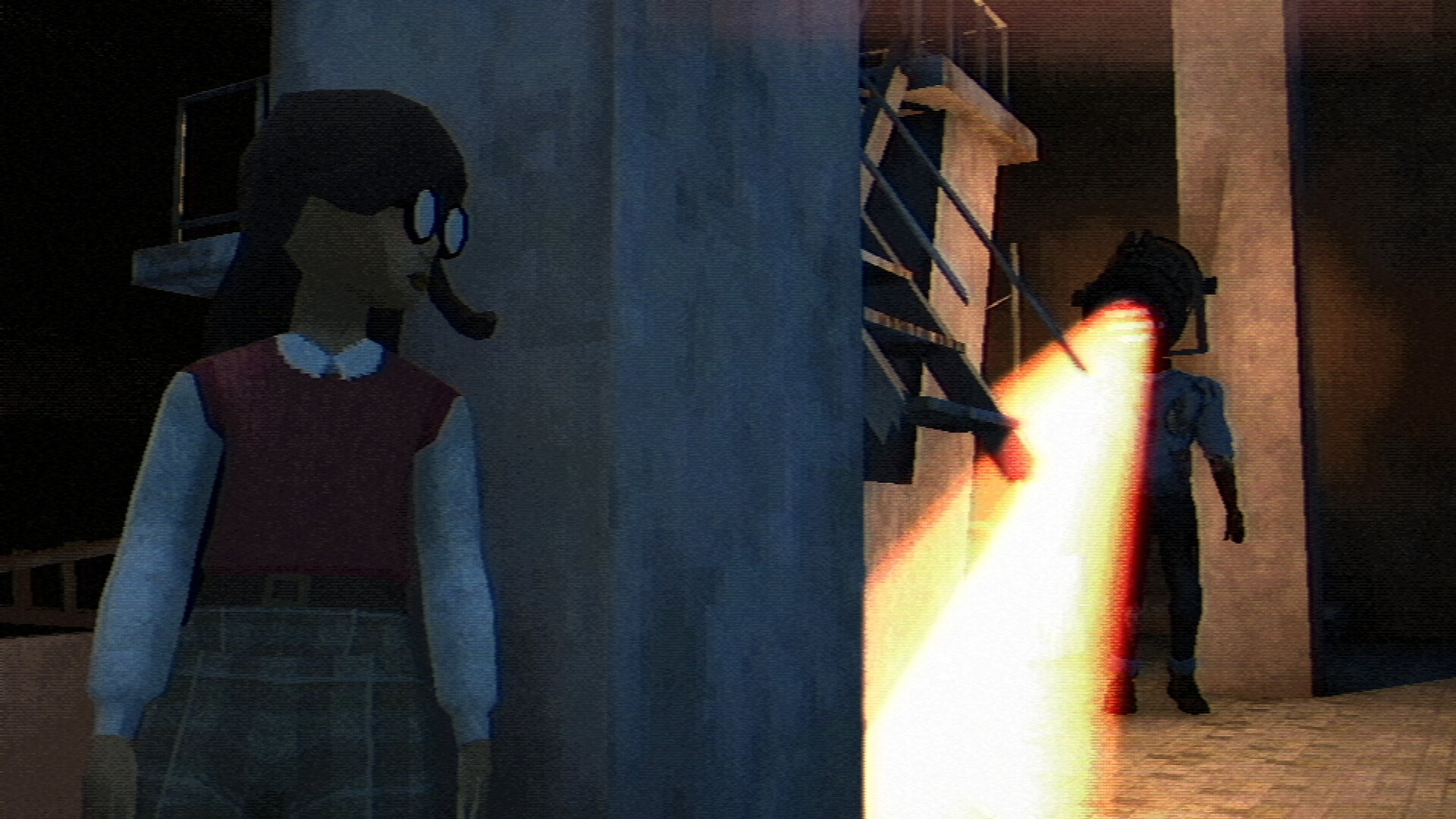 A student in a school uniform facing a figure holding a flare in a dark corridor