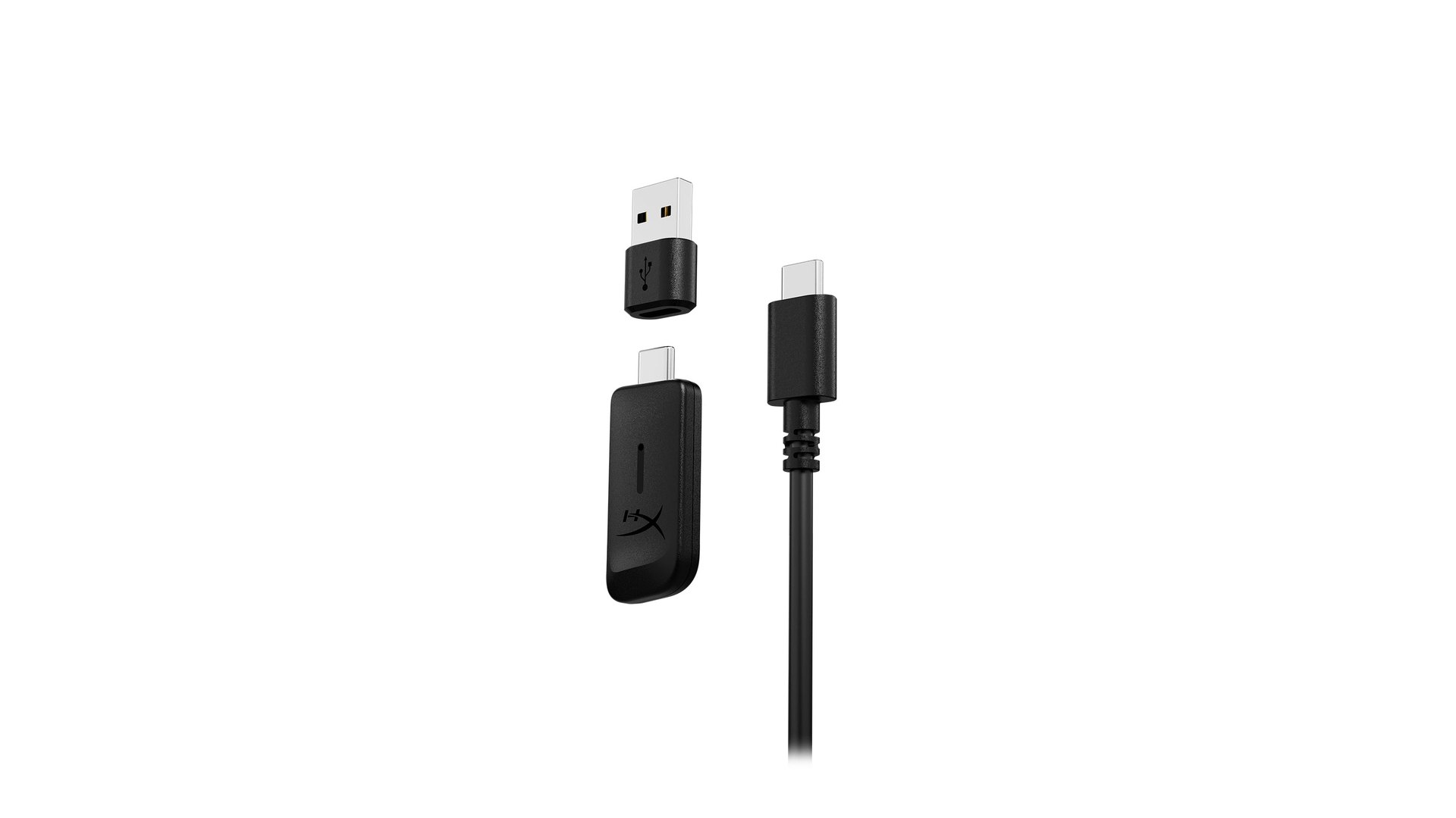USB-C wireless dongle, USB-A adapter and USB charge cable for the HyperX Cloud III S Wireless