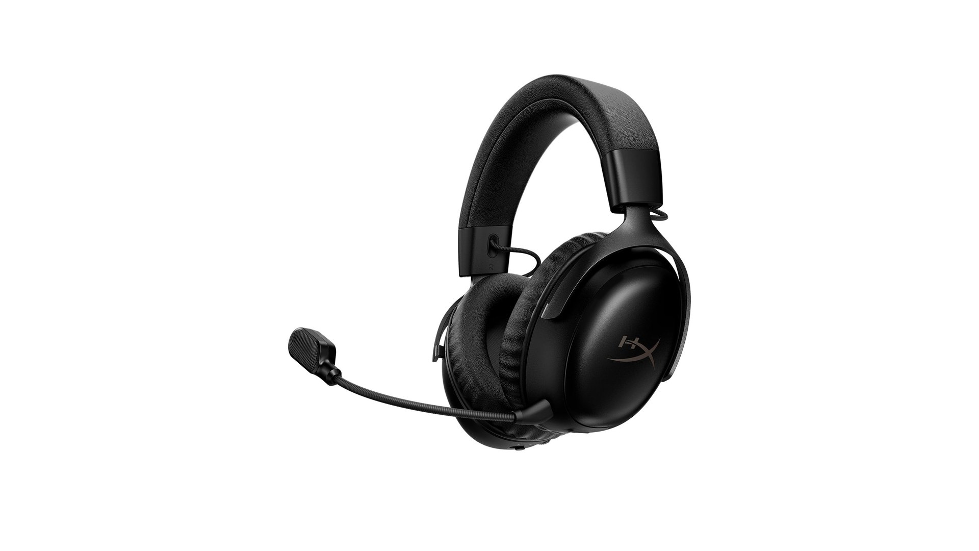 Black HyperX Cloud III S Wireless gaming headset with its boom microphone attached