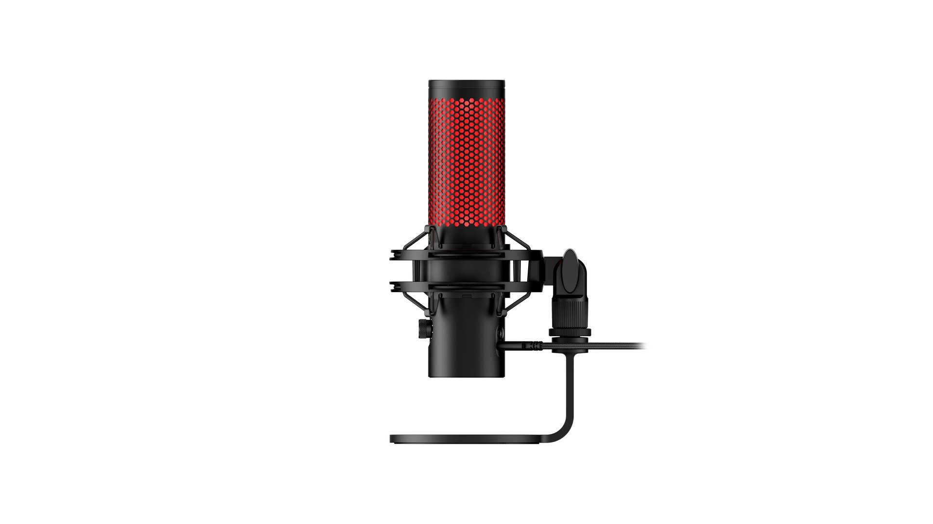 HyperX QuadCast 2 microphone shown at an angle in its shock mount