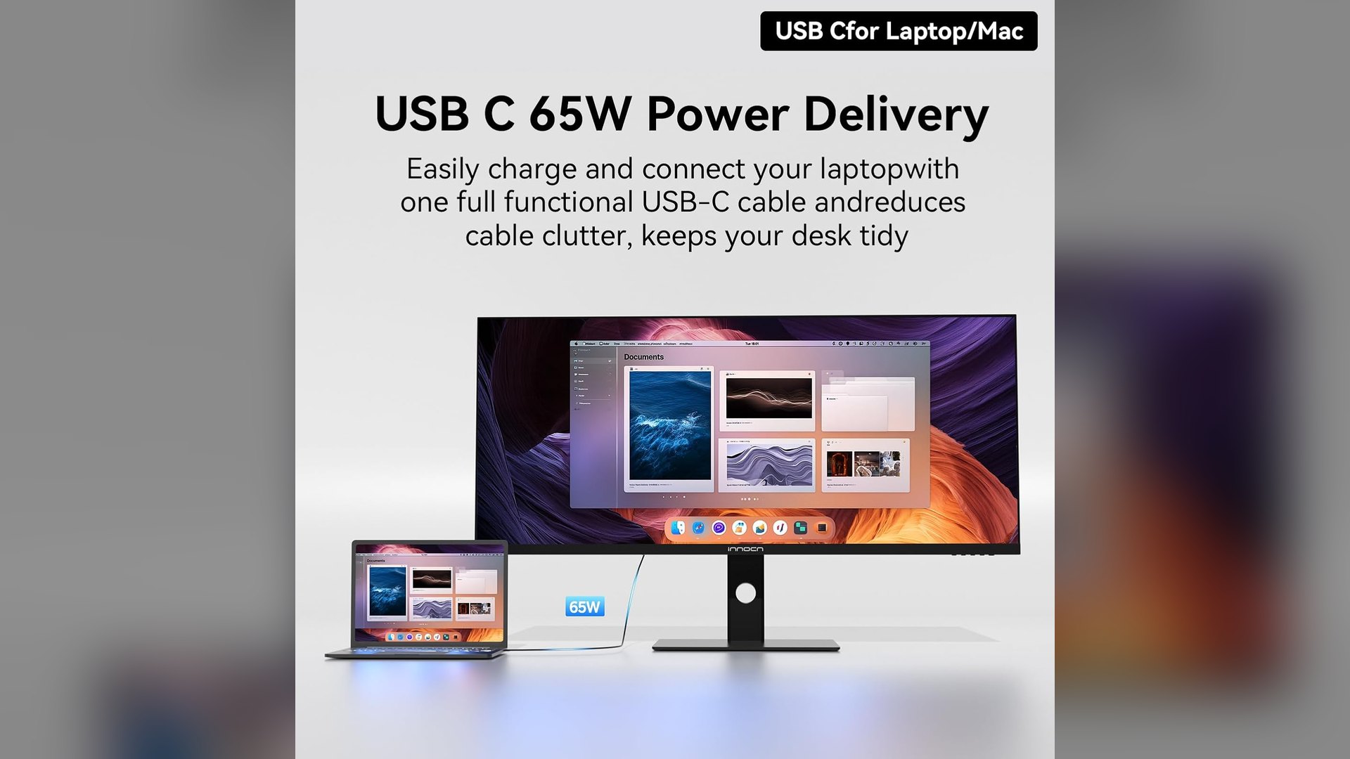 INNOCN graphic showing a monitor charging a laptop over a single USB-C cable
