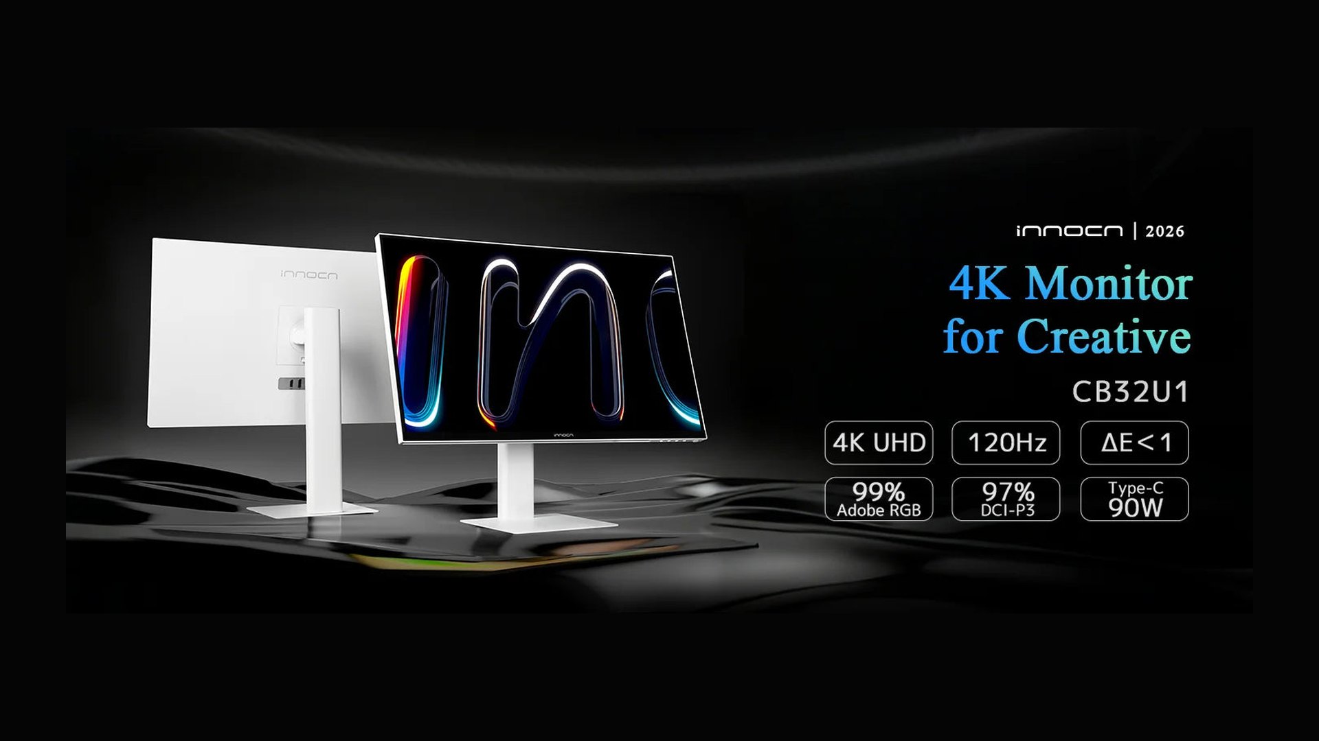 White INNOCN CB32U1 32-inch monitor shown from the front and rear with spec badges