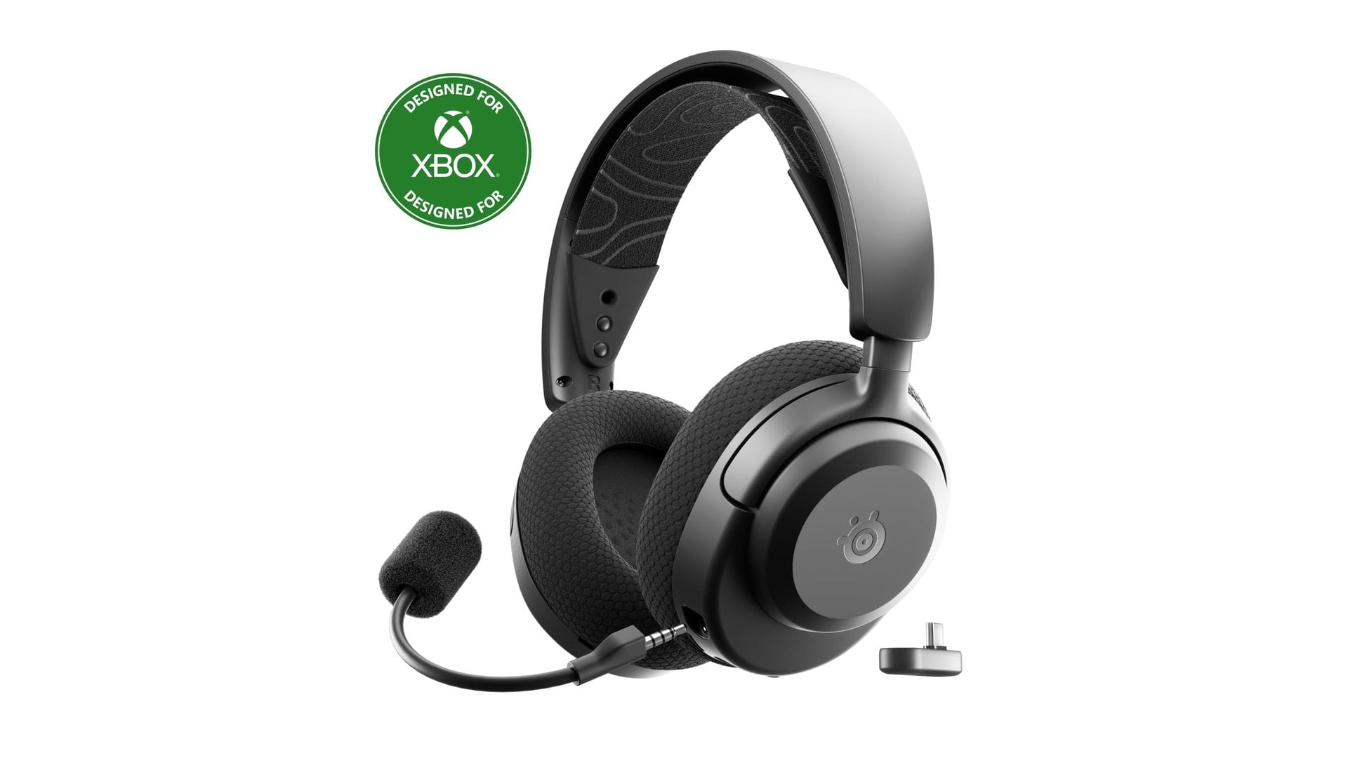 SteelSeries Arctis Nova 3X headset in black with boom mic extended and a USB-C dongle beside it